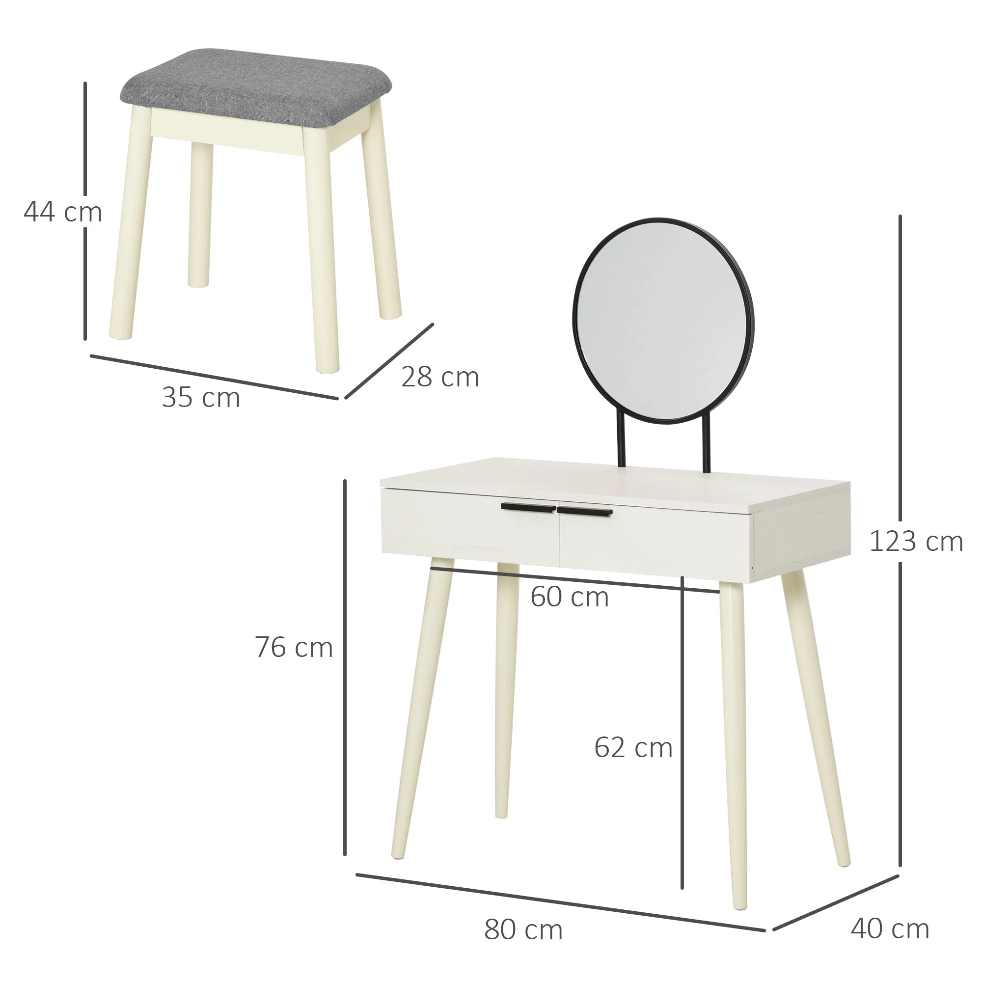 Dressing Table Vanity Set Makeup Desk with Round Mirror Cushioned Stool 2 Drawers for Bedroom Jewelry Storage Set - Image 3