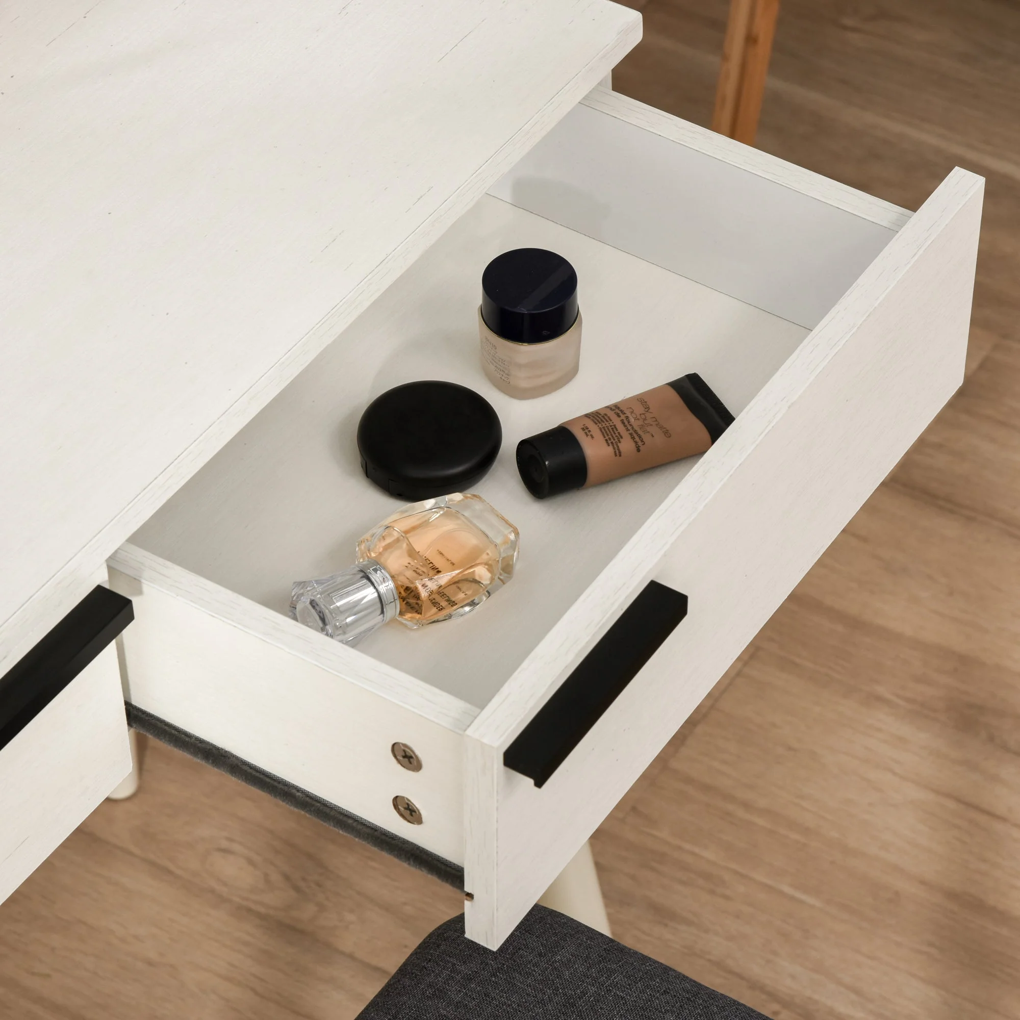 Dressing Table Vanity Set Makeup Desk with Round Mirror Cushioned Stool 2 Drawers for Bedroom Jewelry Storage Set - Image 9