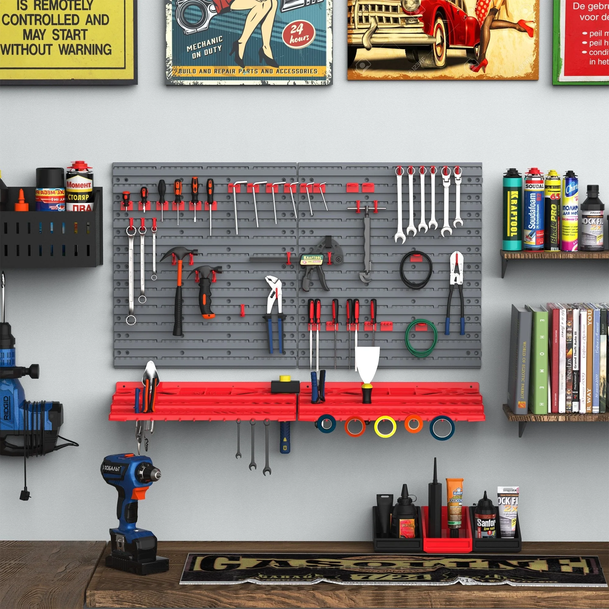 Durhand 54 Pcs On-Wall Tool Equipment Home Diy Garage Organiser Diy Grey/Red - Image 2