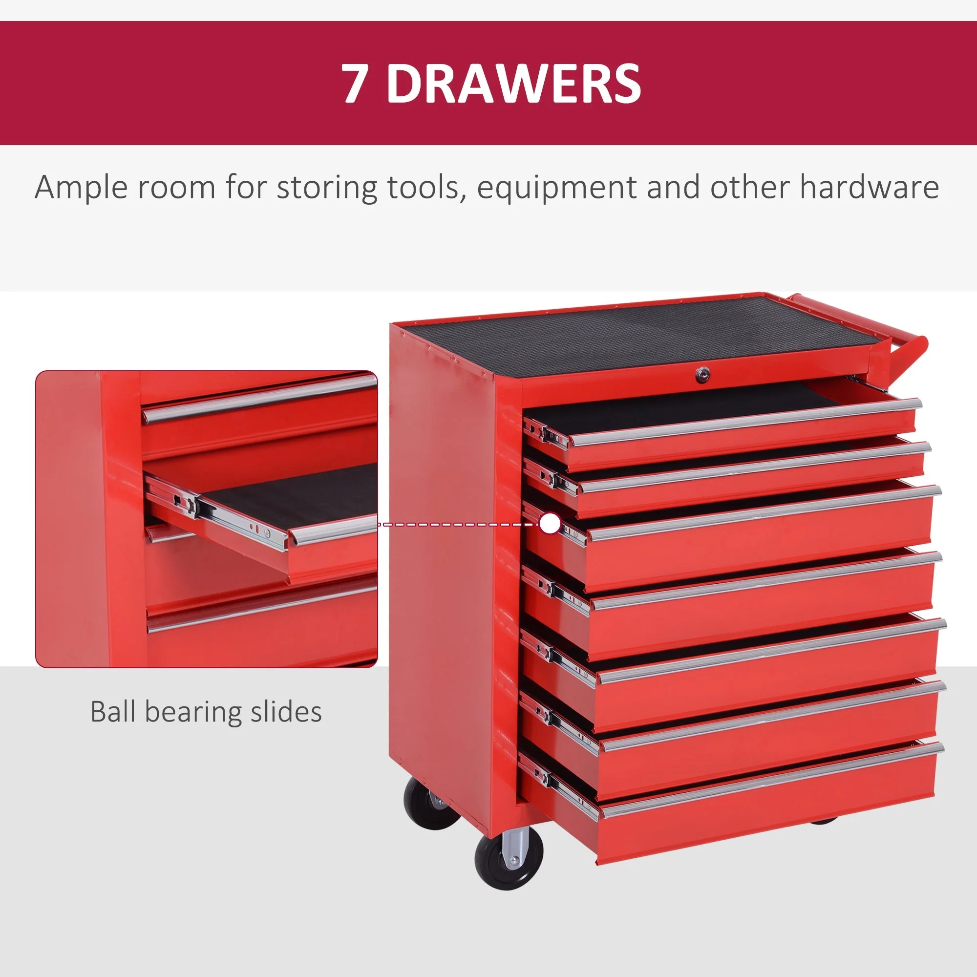 DURHAND Steel 7 Drawer Tool Storage Cabinet Tool Chest w/ Roll Wheels Red - Image 3