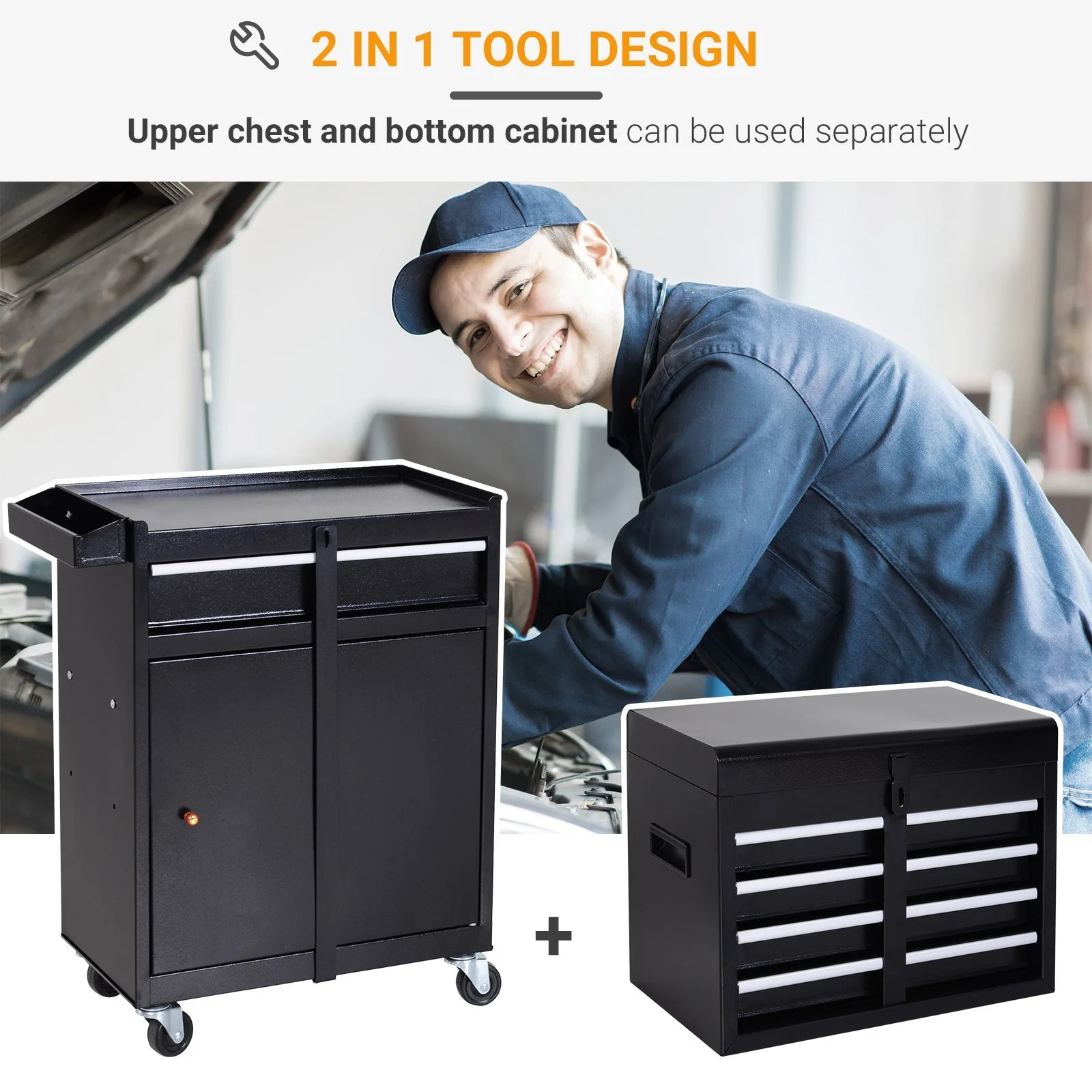 DURHAND Tool Chest 2 in 1 Metal Tool Cabinet Storage Box with 5 Drawers Pegboard Wheels 60x28x104.5cm Black - Image 4