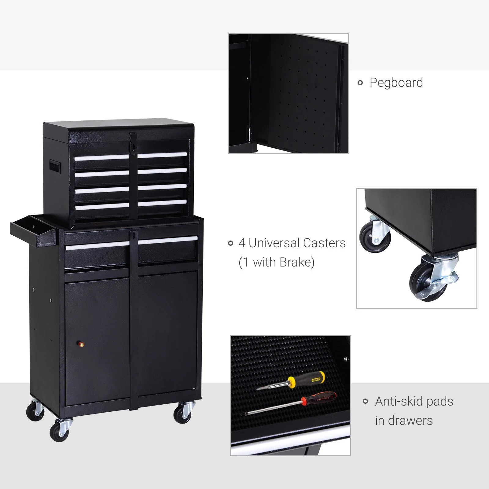 DURHAND Tool Chest 2 in 1 Metal Tool Cabinet Storage Box with 5 Drawers Pegboard Wheels 60x28x104.5cm Black - Image 5