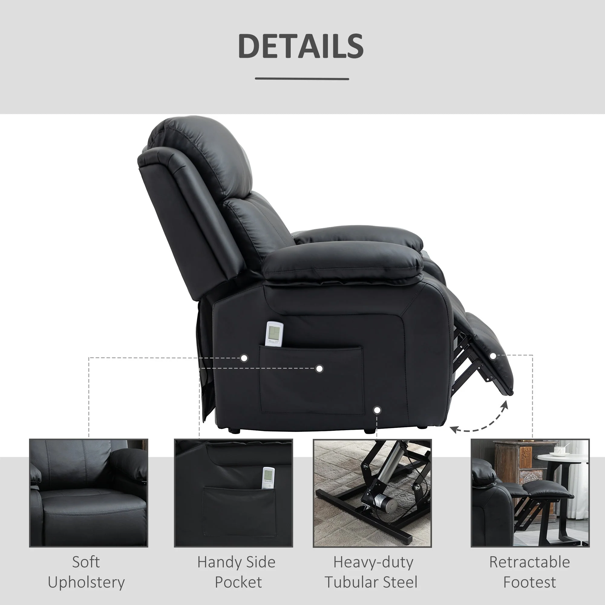 Electric Power Lift Recliner Chair Vibration Massage Reclining Chair with Remote Control and Side Pocket - Image 4