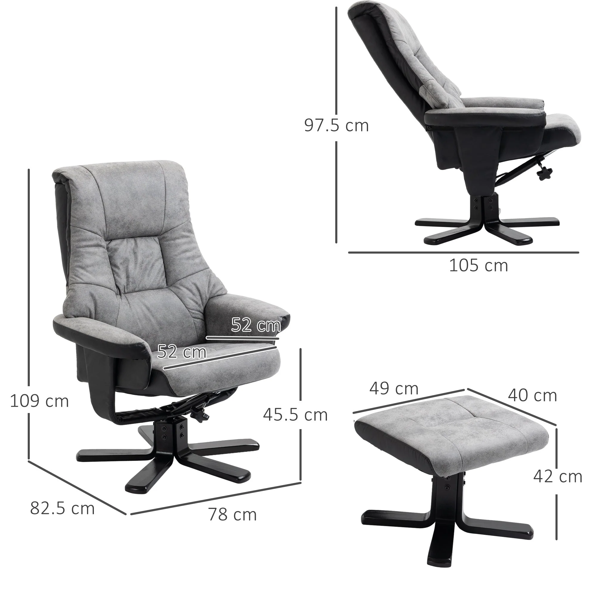 Fabric Recliner Sofa Armchair with footstool Swivel Sofa Grey - Image 3