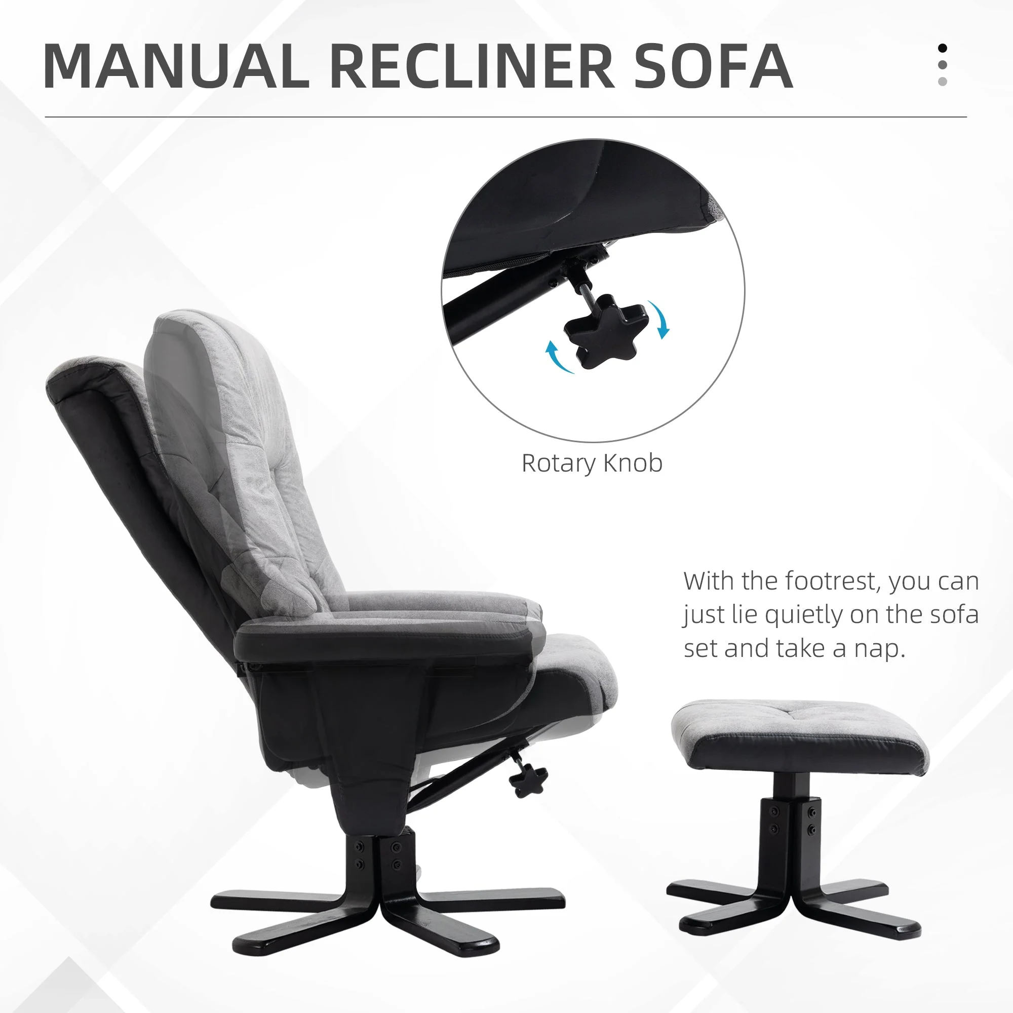 Fabric Recliner Sofa Armchair with footstool Swivel Sofa Grey - Image 6
