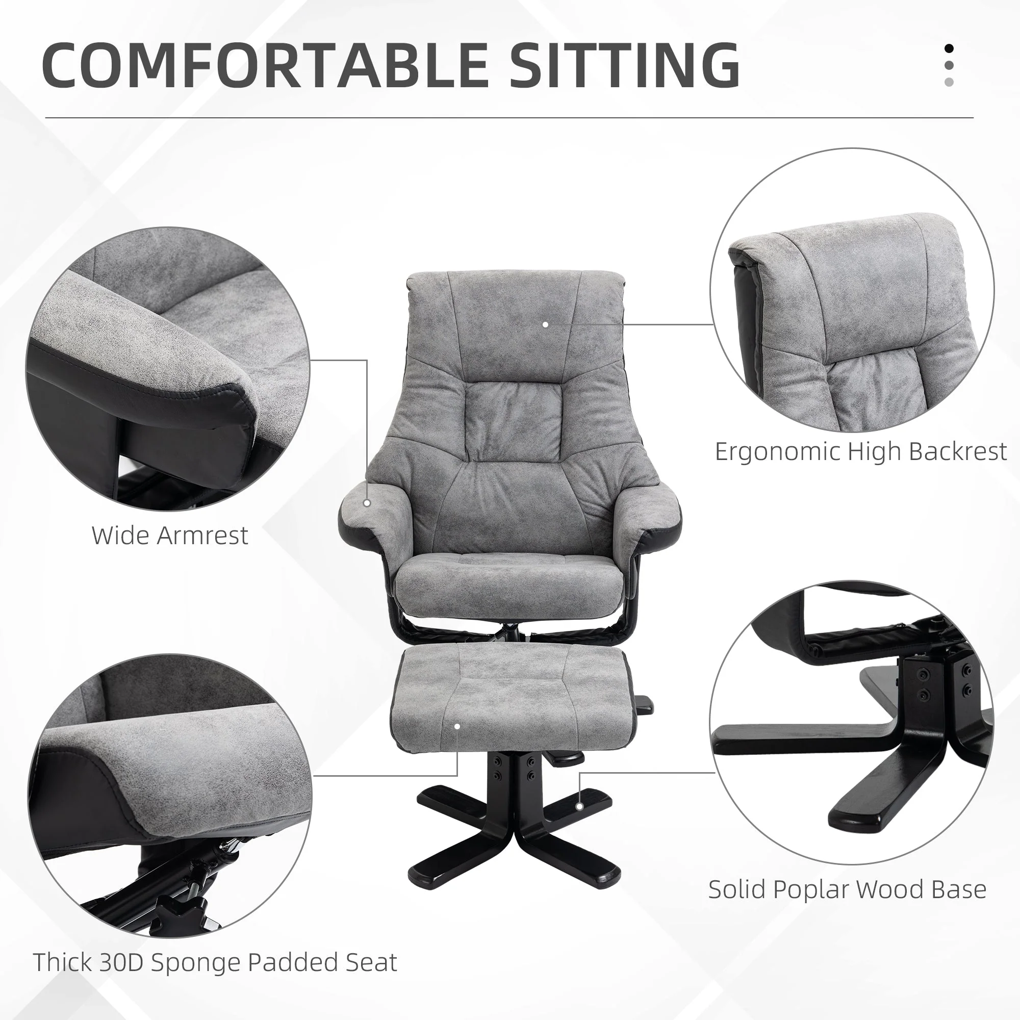 Fabric Recliner Sofa Armchair with footstool Swivel Sofa Grey - Image 7