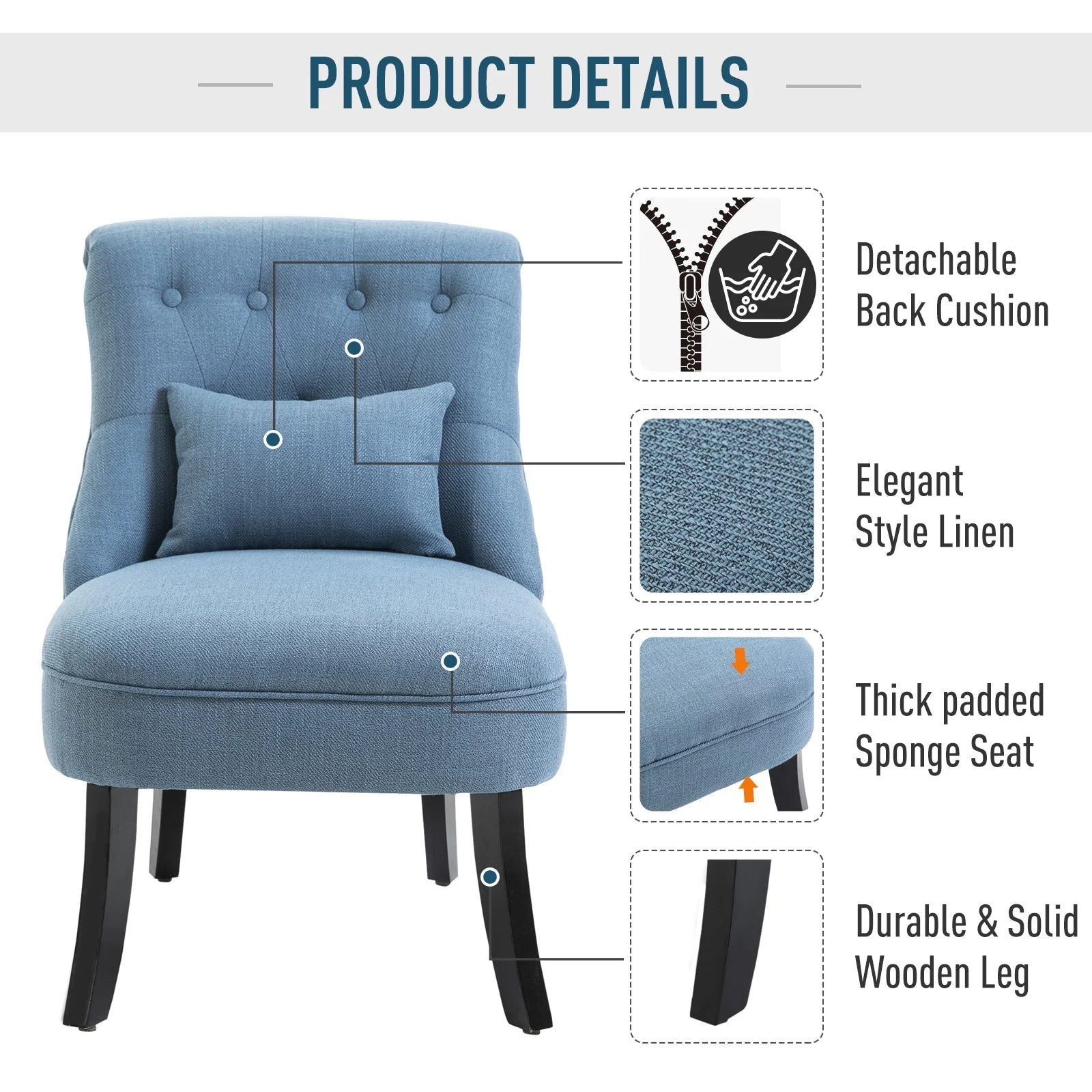 Fabric Single Sofa Dining Chair Tub Chair Upholstered W/ Pillow Solid Wood Leg Home Living Room Furniture Blue - Image 4