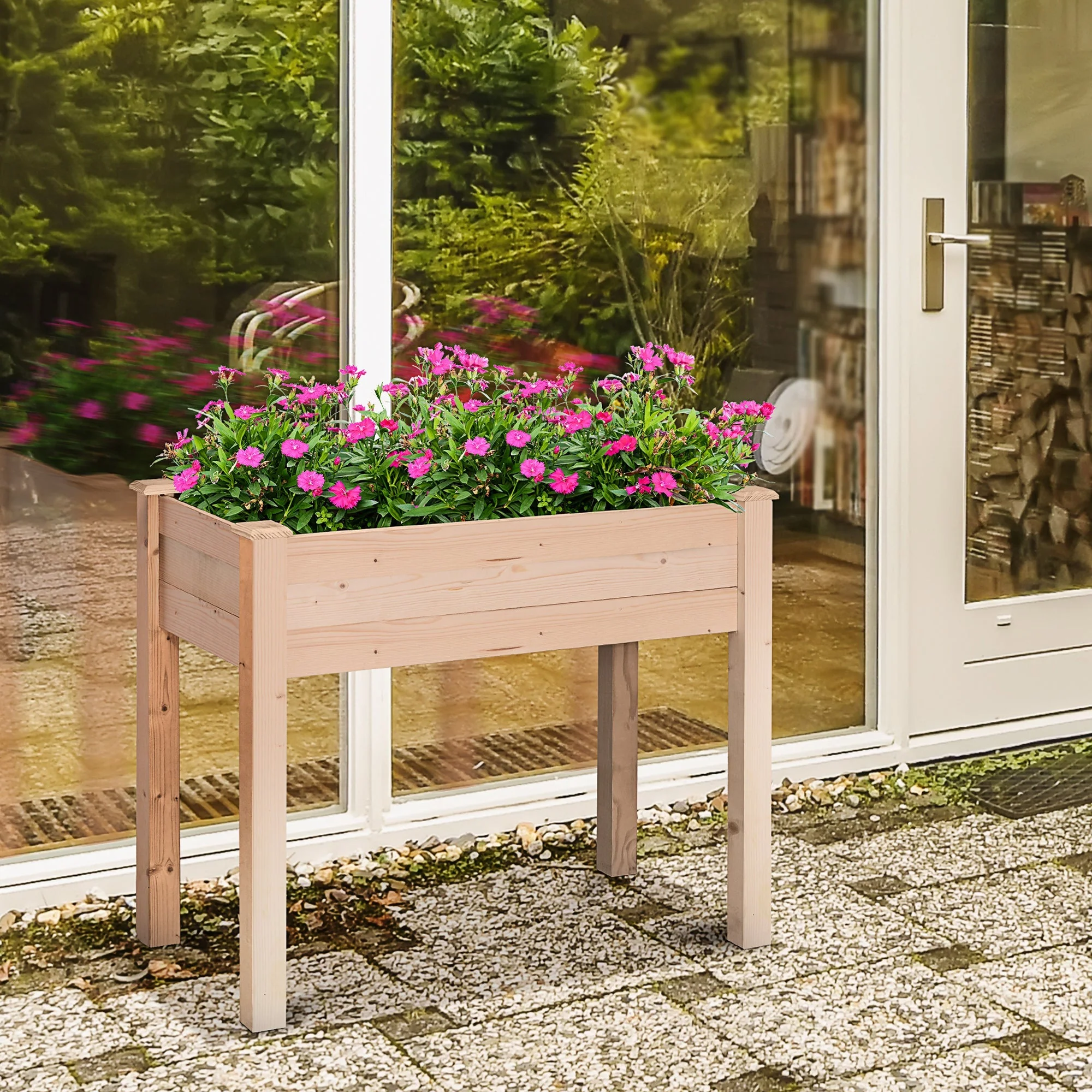 Fir Wood Raised Rectangular Plant Stand Oak Tone - Image 2