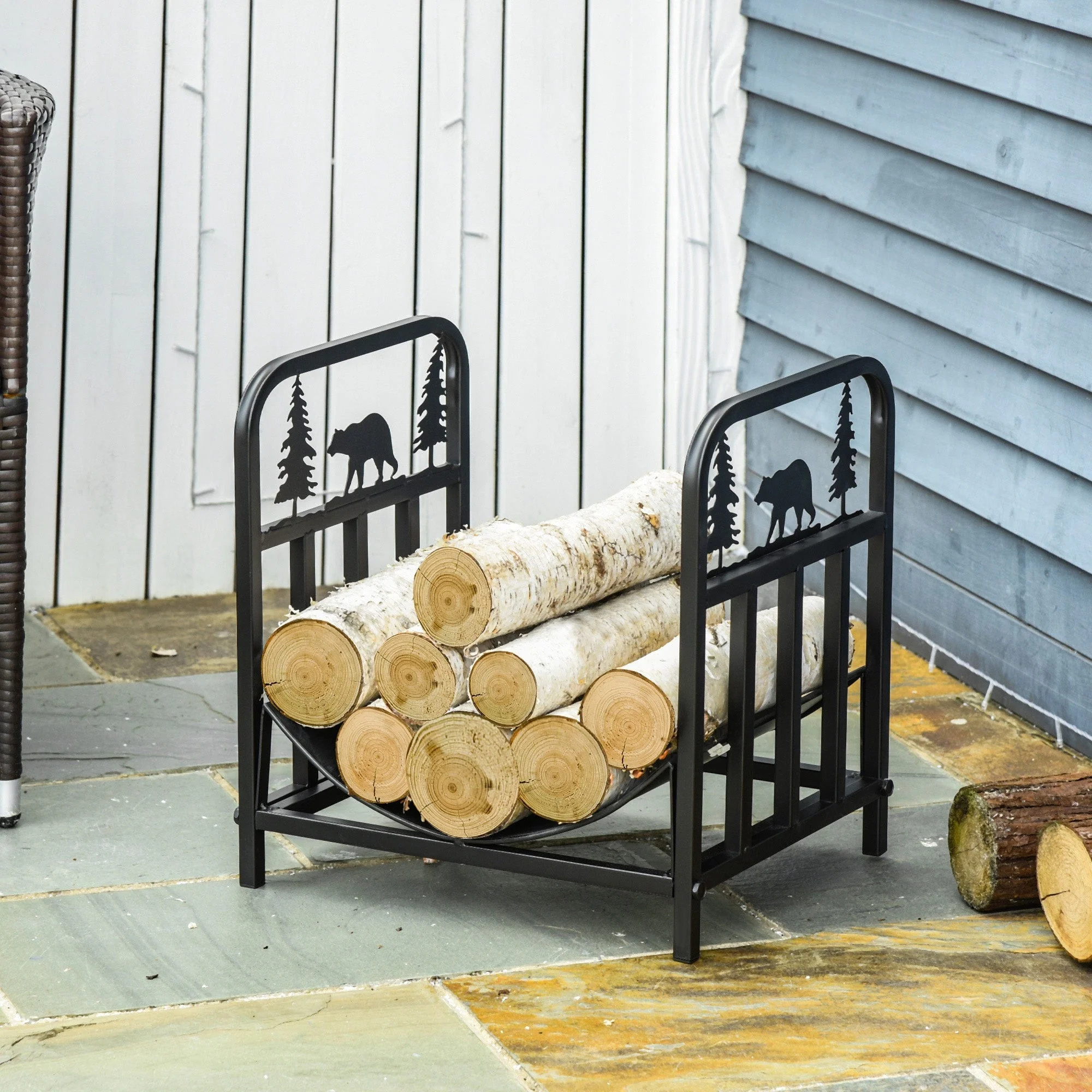 Firewood Log Rack Curved Fireplace Log Holder w/ Handles Outdoor Indoor Black - Image 2