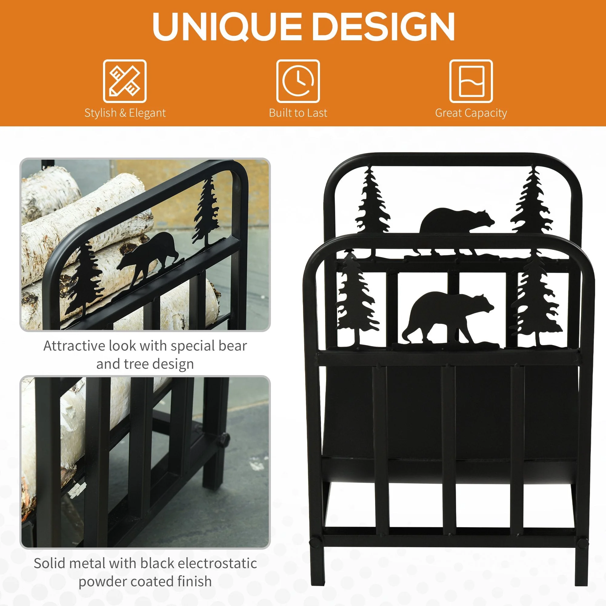 Firewood Log Rack Curved Fireplace Log Holder w/ Handles Outdoor Indoor Black - Image 4
