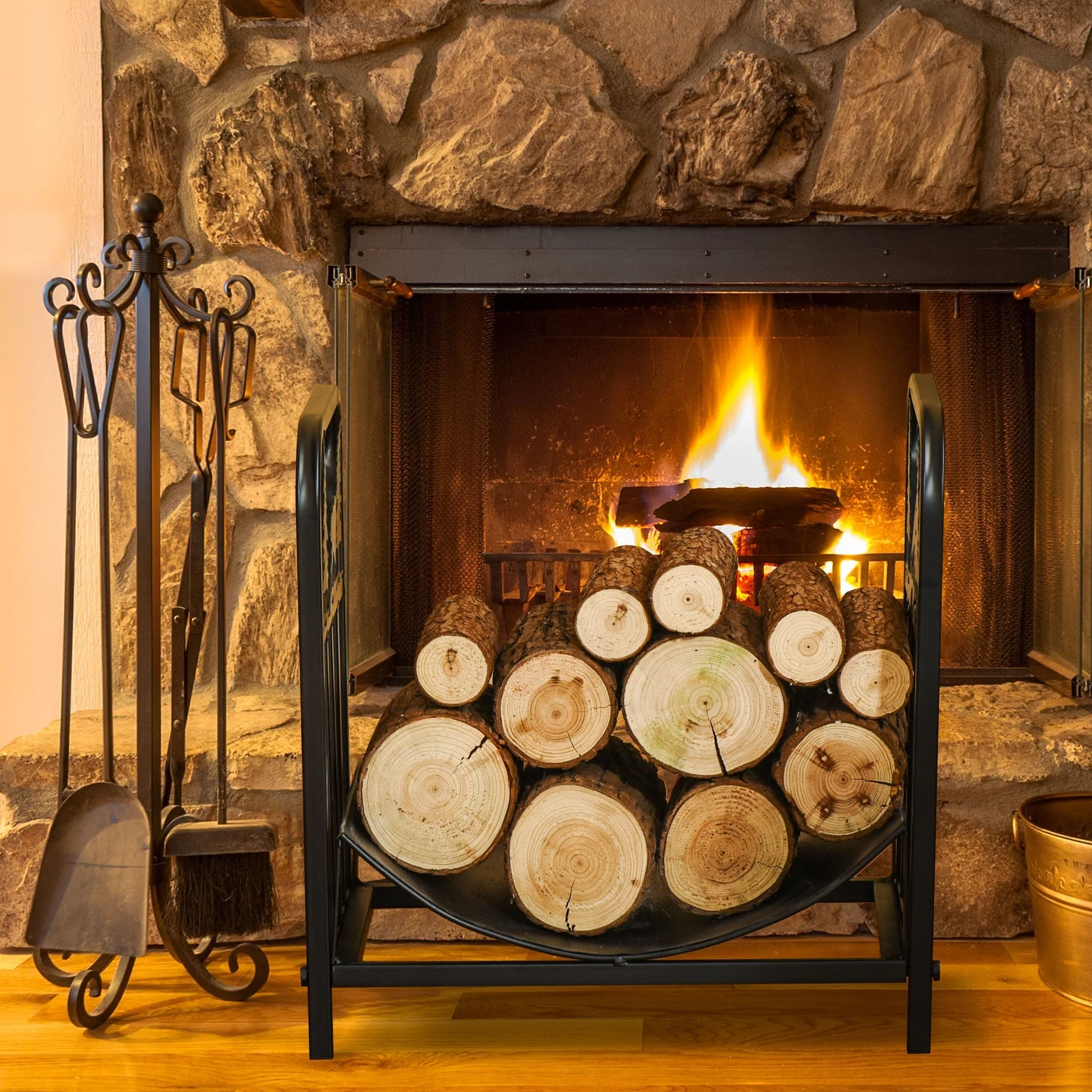 Firewood Log Rack Curved Fireplace Log Holder w/ Handles Outdoor Indoor Black - Image 7