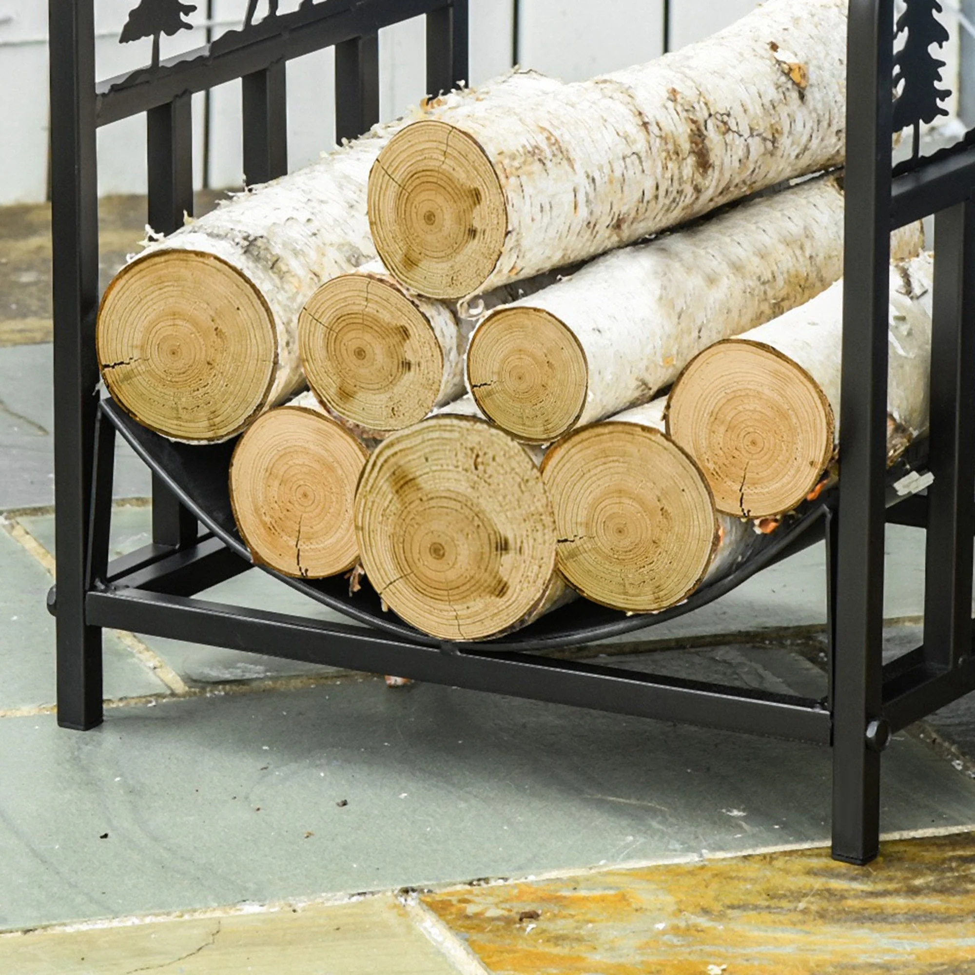 Firewood Log Rack Curved Fireplace Log Holder w/ Handles Outdoor Indoor Black - Image 9