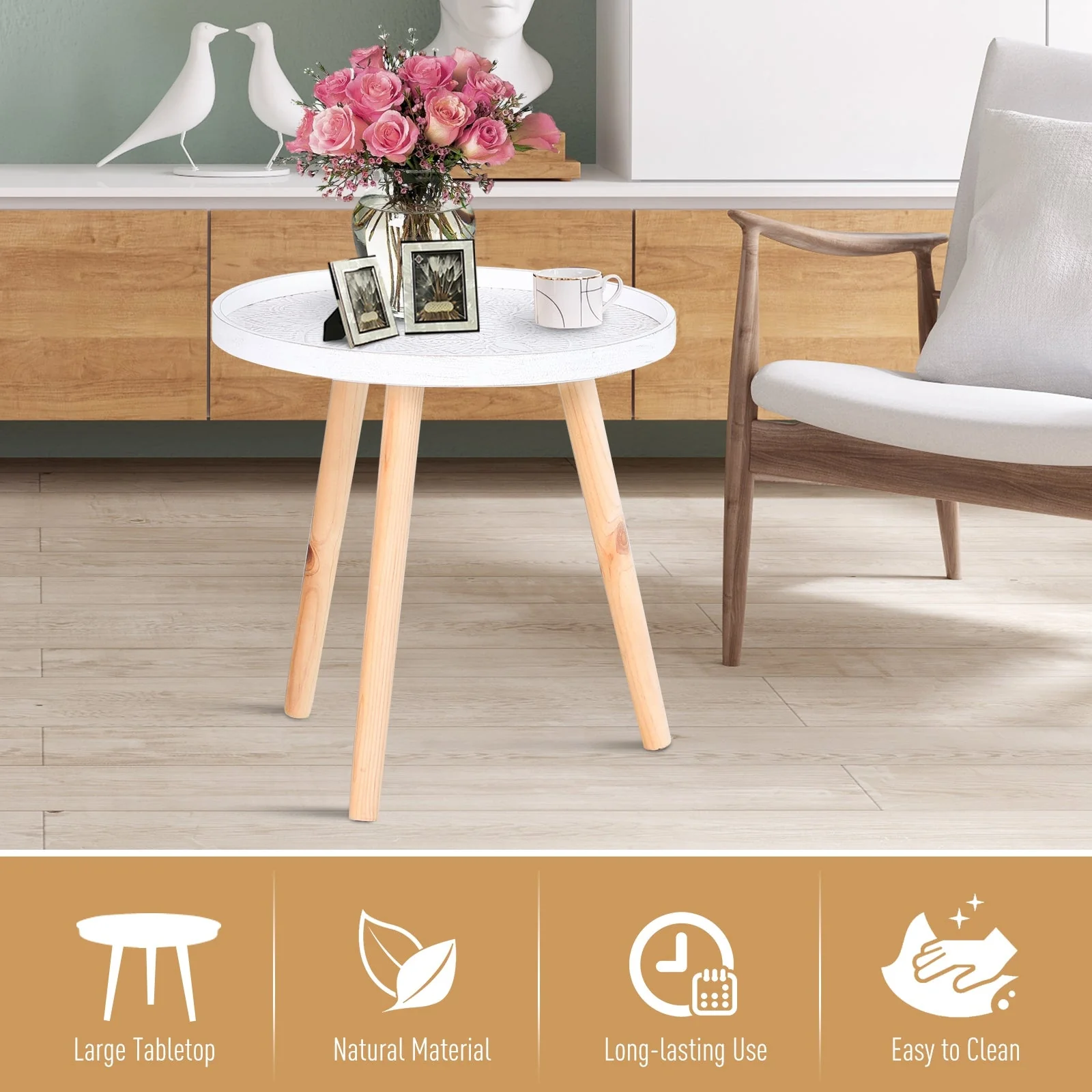 Flower Eteched Side Table w/ Saucer Top Wood Legs Living Room Bedroom Furniture Coffee End Table Display Decoration Elegant - White - Image 4