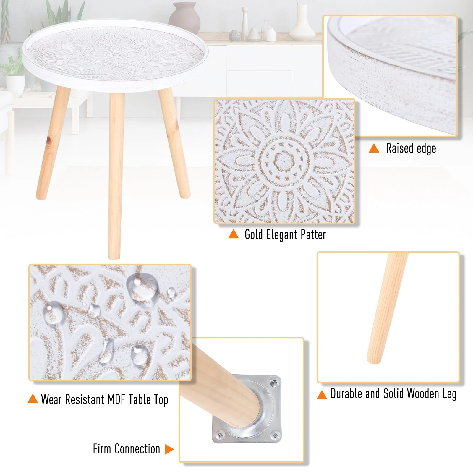 Flower Eteched Side Table w/ Saucer Top Wood Legs Living Room Bedroom Furniture Coffee End Table Display Decoration Elegant - White - Image 5