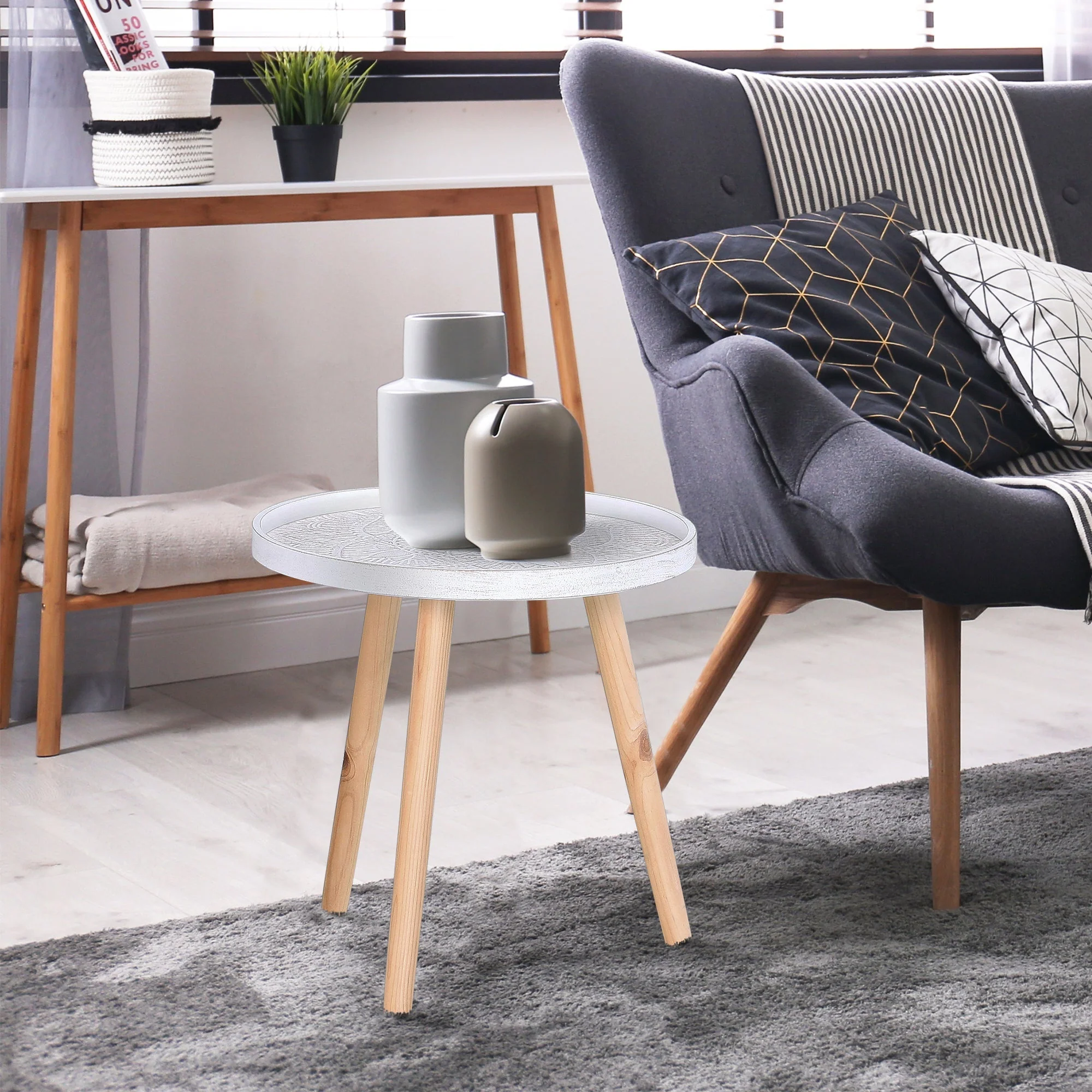 Flower Eteched Side Table w/ Saucer Top Wood Legs Living Room Bedroom Furniture Coffee End Table Display Decoration Elegant - White - Image 9