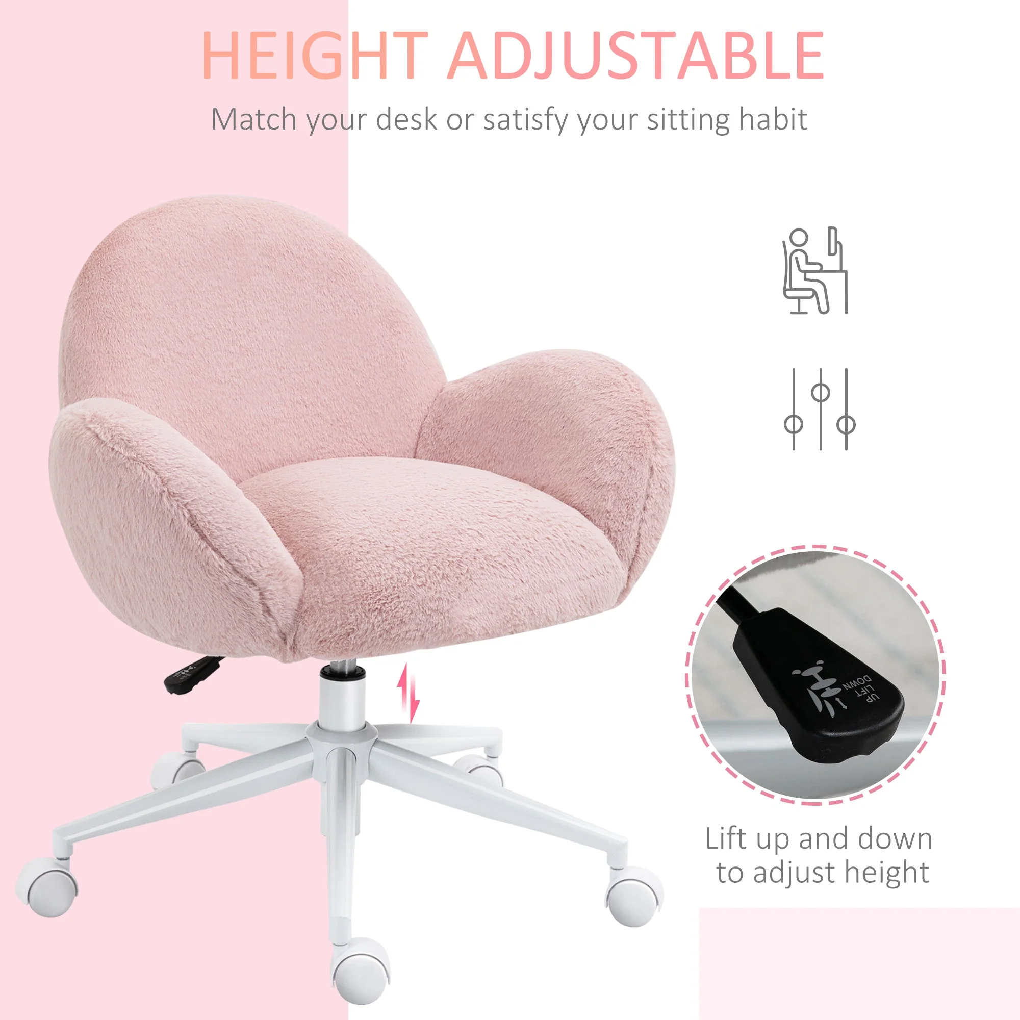 Fluffy Leisure Chair Office Chair with Backrest and Armrest for Home Bedroom Living Room with Wheels Pink - Image 4