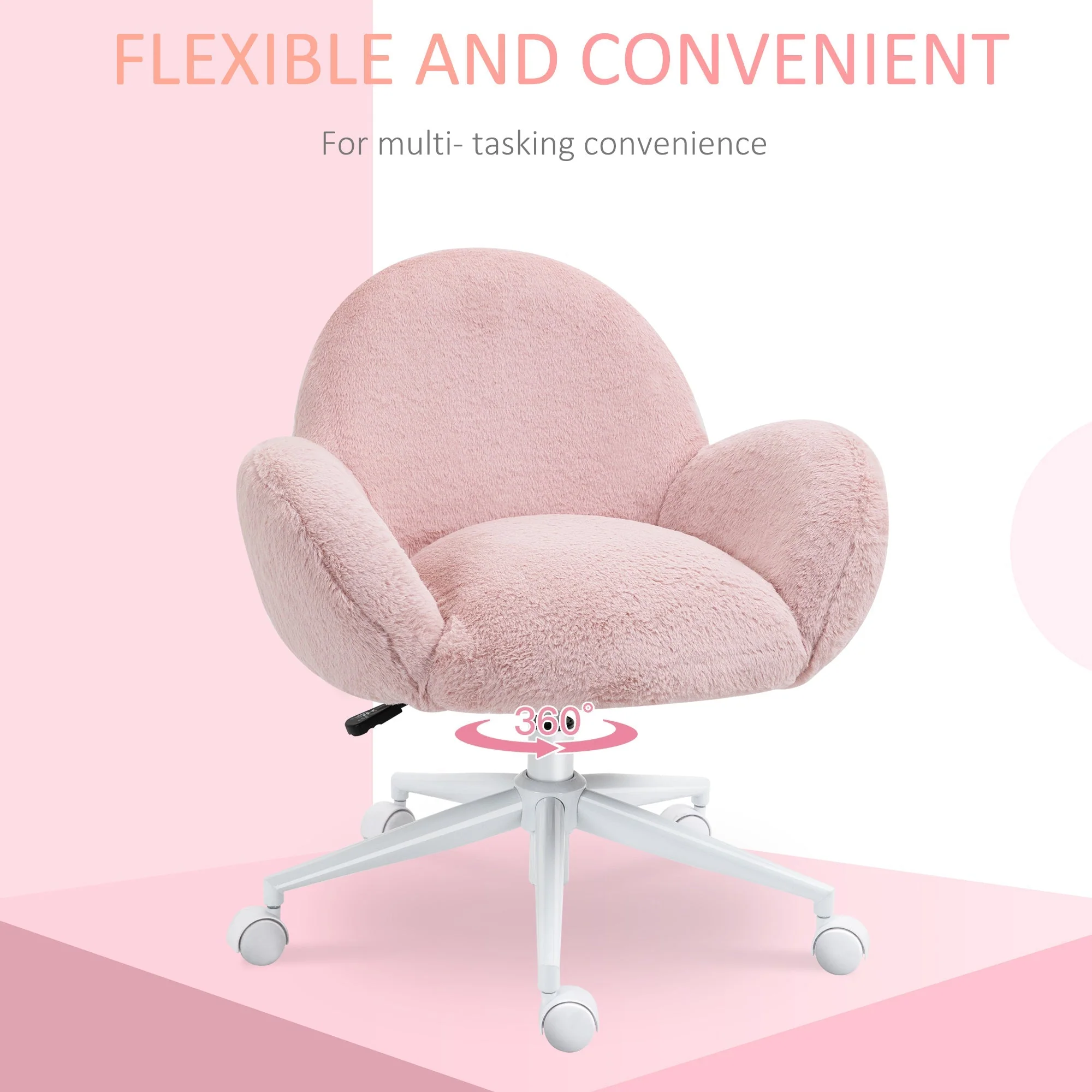 Fluffy Leisure Chair Office Chair with Backrest and Armrest for Home Bedroom Living Room with Wheels Pink - Image 5