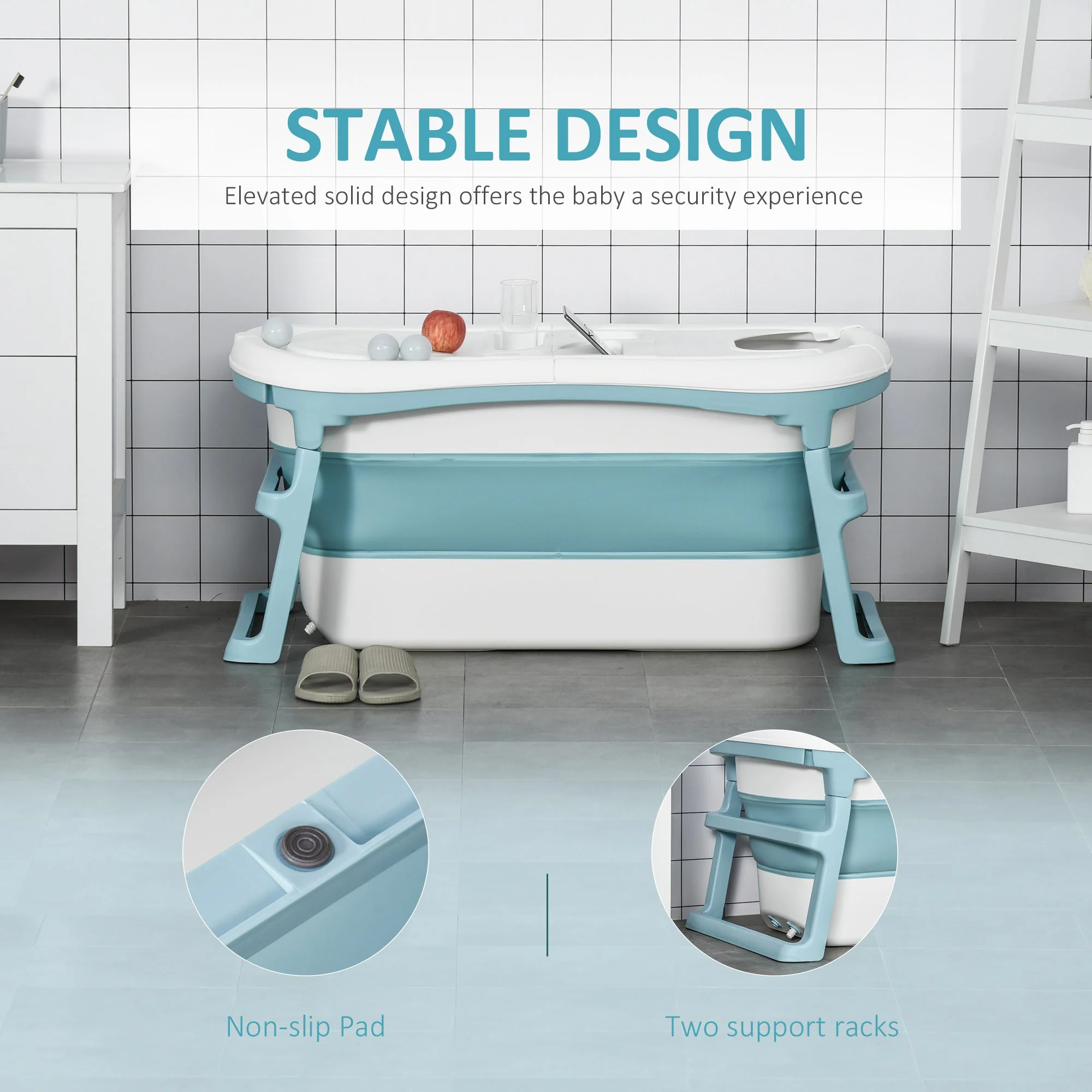 Folding Baby Bath Tub for Toddlers Kids Portable with Non-Slip Pads Top Cover for 1-12 Years Blue - Image 4