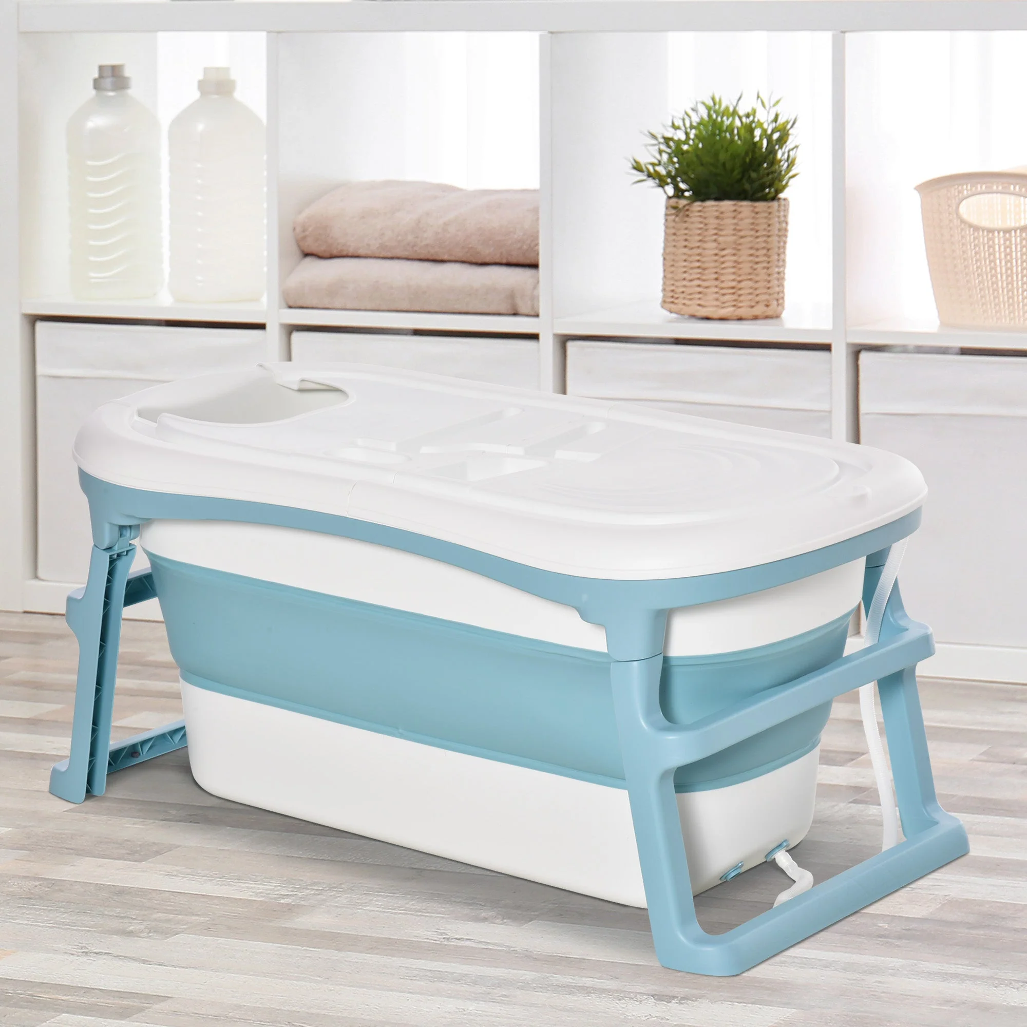 Folding Baby Bath Tub for Toddlers Kids Portable with Non-Slip Pads Top Cover for 1-12 Years Blue - Image 8