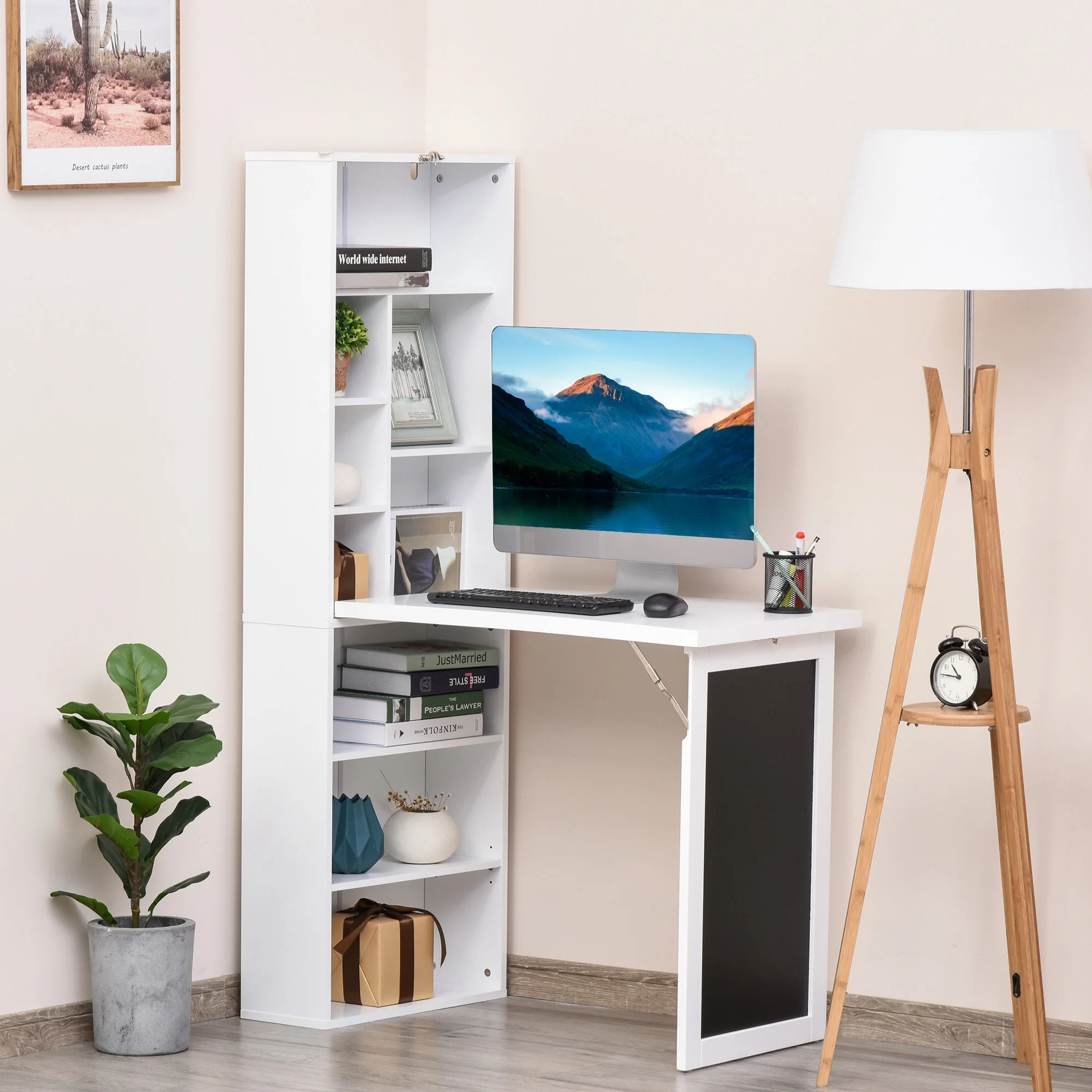 Folding Convertible Desk with Blackboard Multi-function Computer Office Workstation Side Shelf for Home Office - White - Image 8