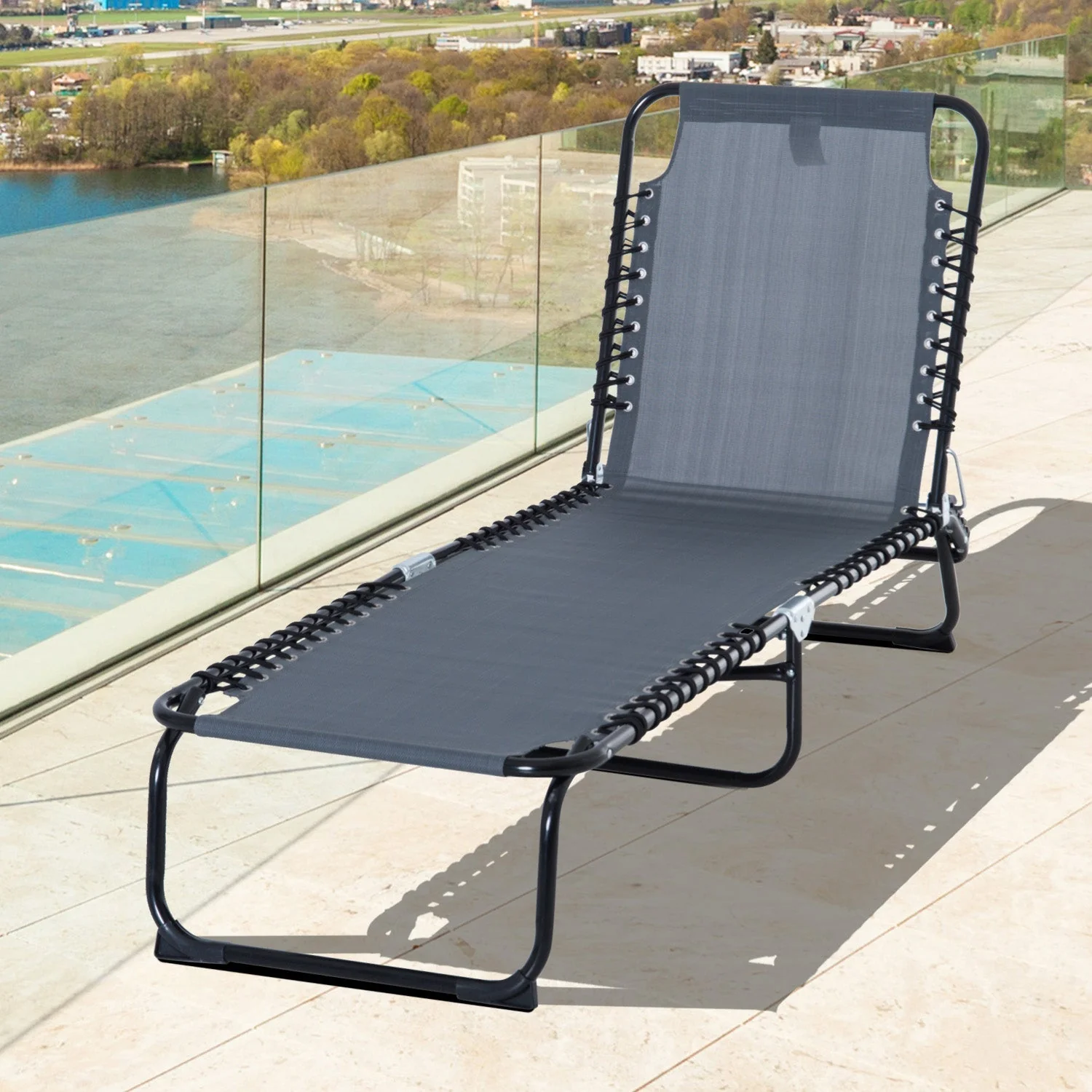 Folding Sun Lounger Beach Chaise Chair Garden Reclining Cot Camping Hiking Recliner with 4 Position Adjustable - Image 2