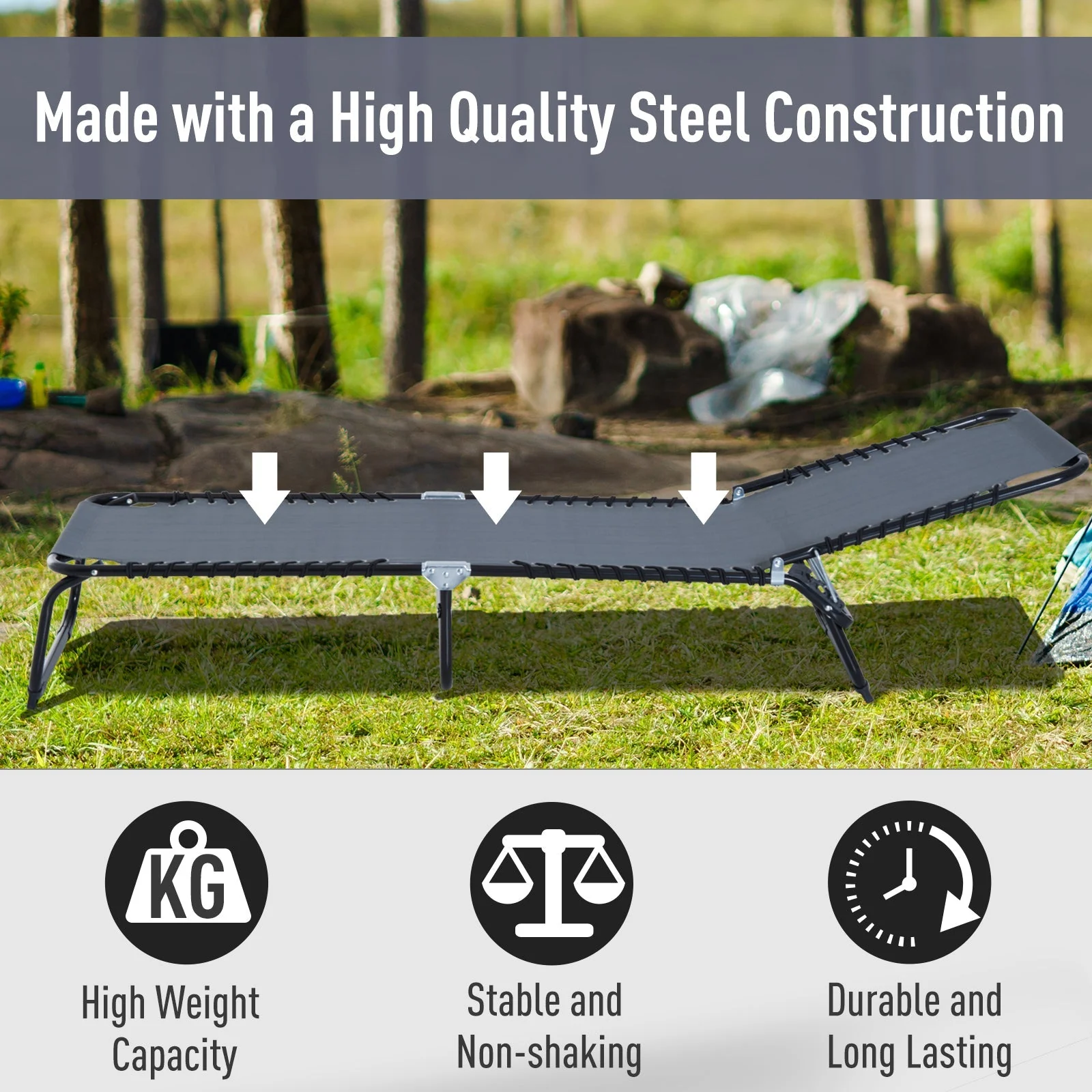 Folding Sun Lounger Beach Chaise Chair Garden Reclining Cot Camping Hiking Recliner with 4 Position Adjustable - Image 5