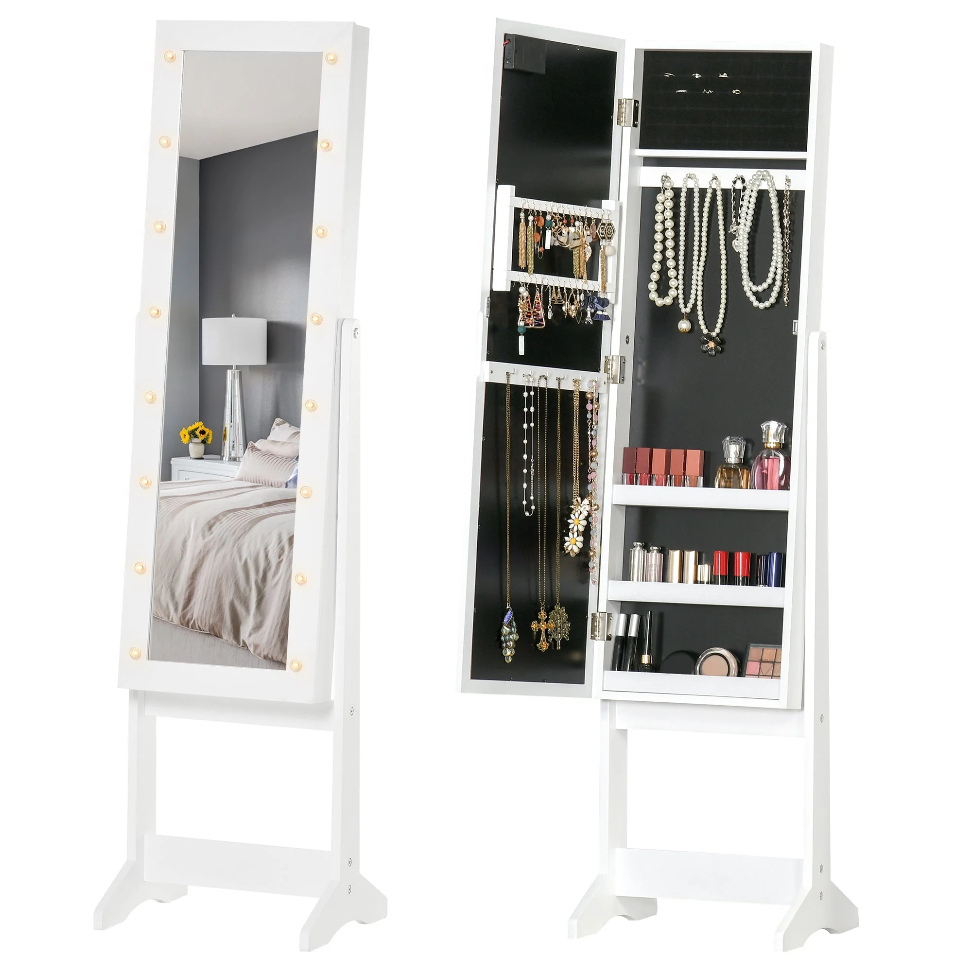 Free Standing LED Mirrored Jewelry Cabinet Armoire Floor Organiser W/ 3 Angle Adjustable For Rings Earrings Bracelets Cosmetics Warm White - Image 2