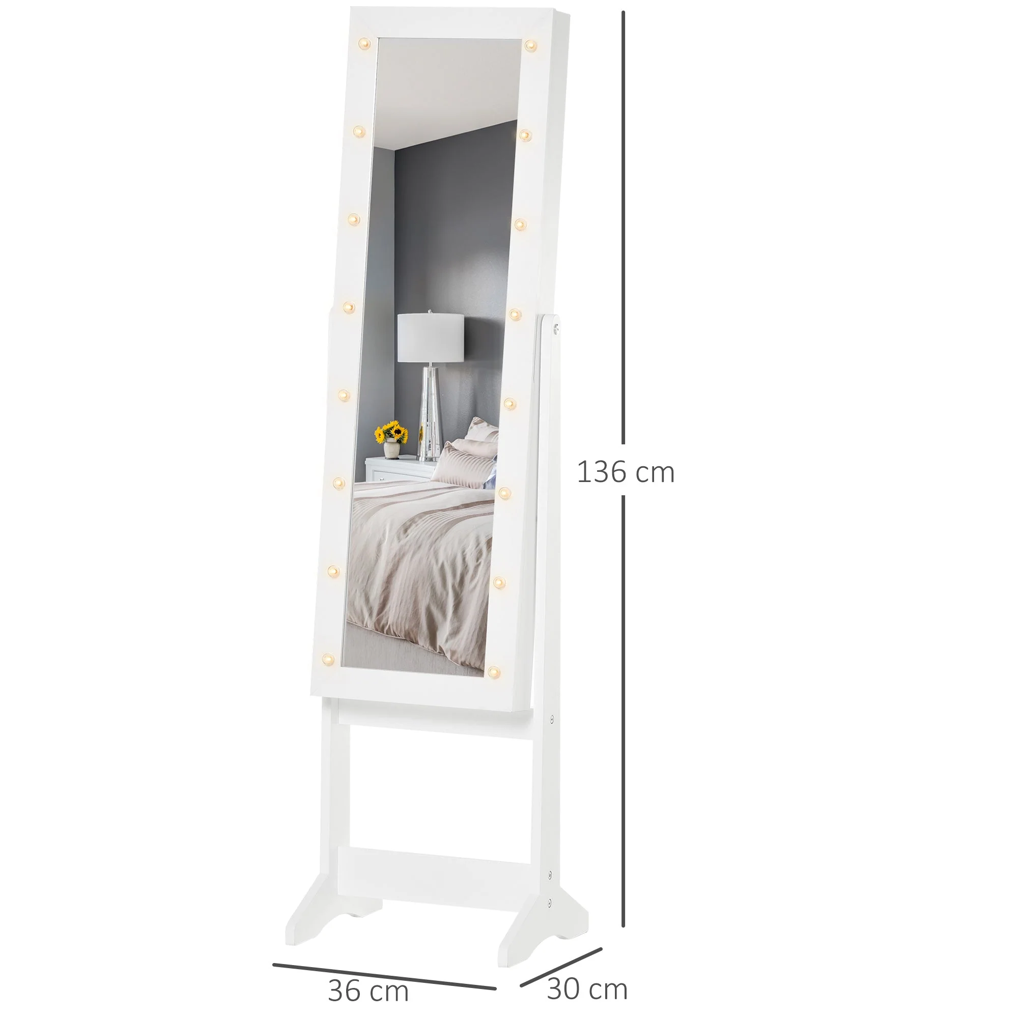 Free Standing LED Mirrored Jewelry Cabinet Armoire Floor Organiser W/ 3 Angle Adjustable For Rings Earrings Bracelets Cosmetics Warm White - Image 3