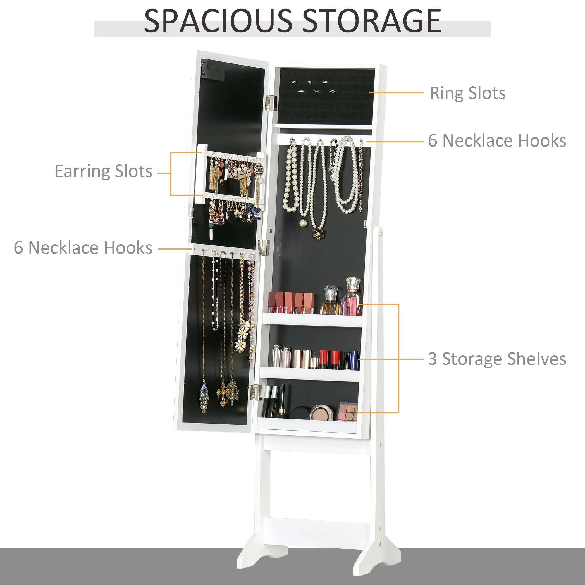 Free Standing LED Mirrored Jewelry Cabinet Armoire Floor Organiser W/ 3 Angle Adjustable For Rings Earrings Bracelets Cosmetics Warm White - Image 5