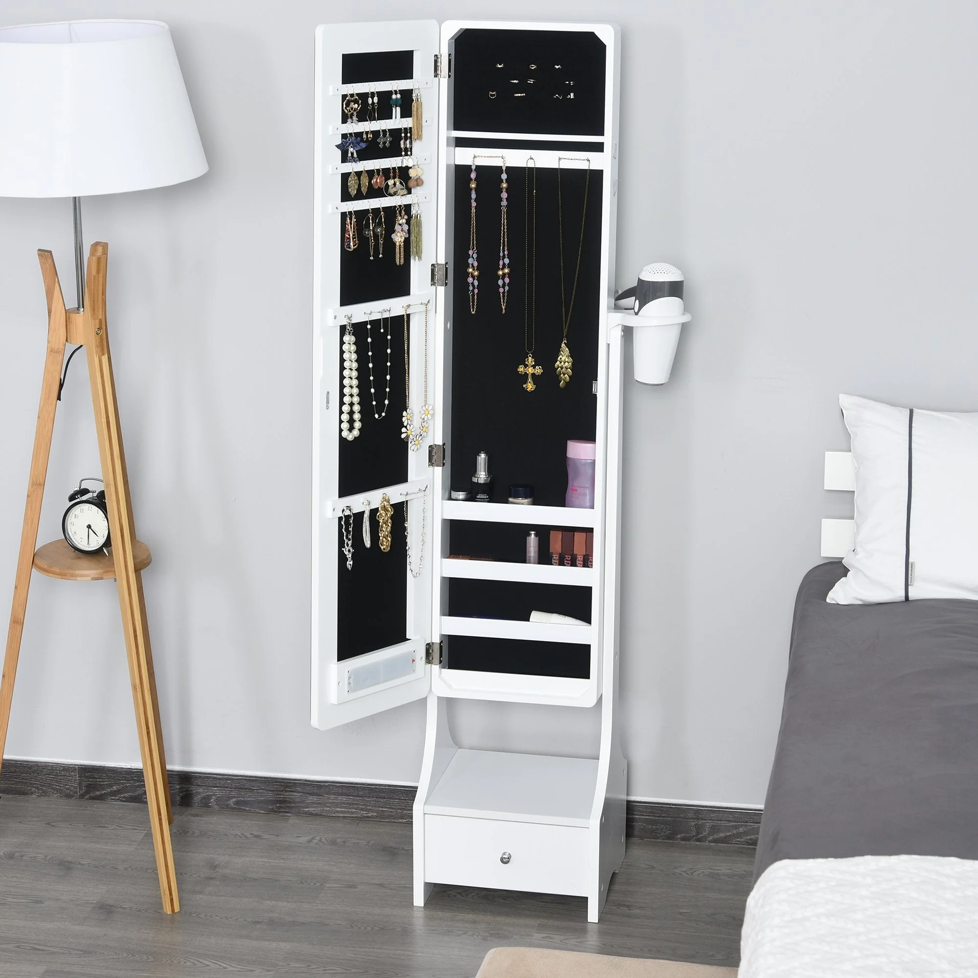 Freestanding Jewellery Cabinet Storage Mirror Armoire w/ LED Lights Hooks Drawer Hairdryer Holder Vanity Cabinet Adjustable Home Bedroom Furnishing White - Image 2