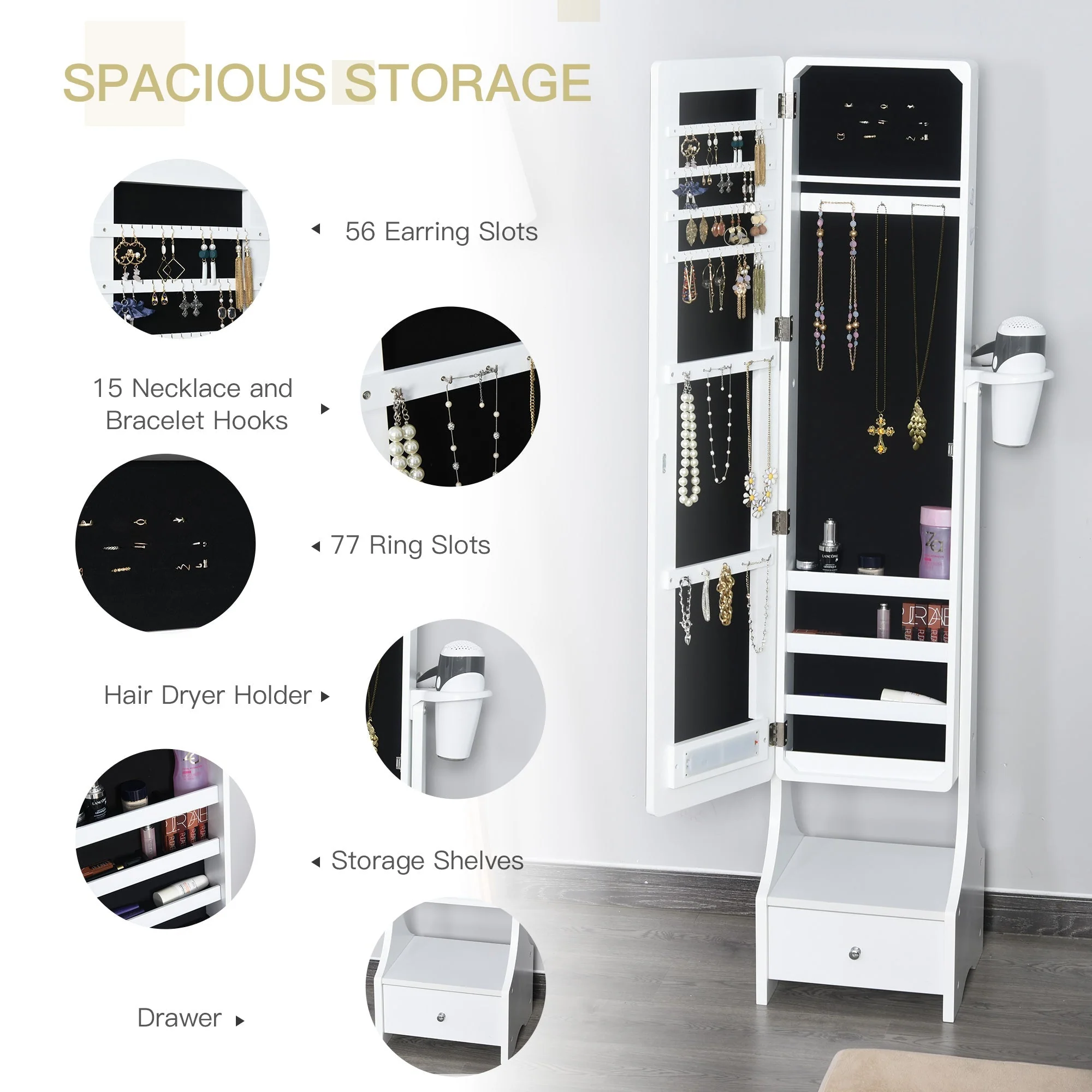 Freestanding Jewellery Cabinet Storage Mirror Armoire w/ LED Lights Hooks Drawer Hairdryer Holder Vanity Cabinet Adjustable Home Bedroom Furnishing White - Image 5