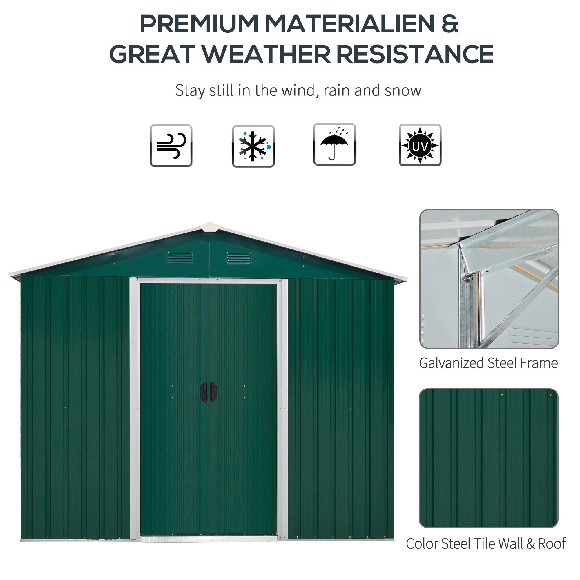 Galvanised 8 x 6' Sliding Double Door Apex Garden Shed With Ventilation Steel Green by Steadfast - Image 4