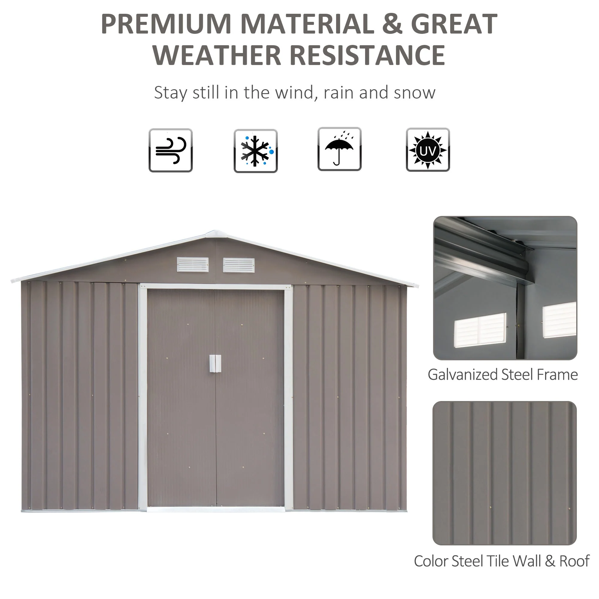 Galvanised 9 x 6' Double Door Reverse Apex Garden Shed With Ventilation Steel Grey by Steadfast - Image 4