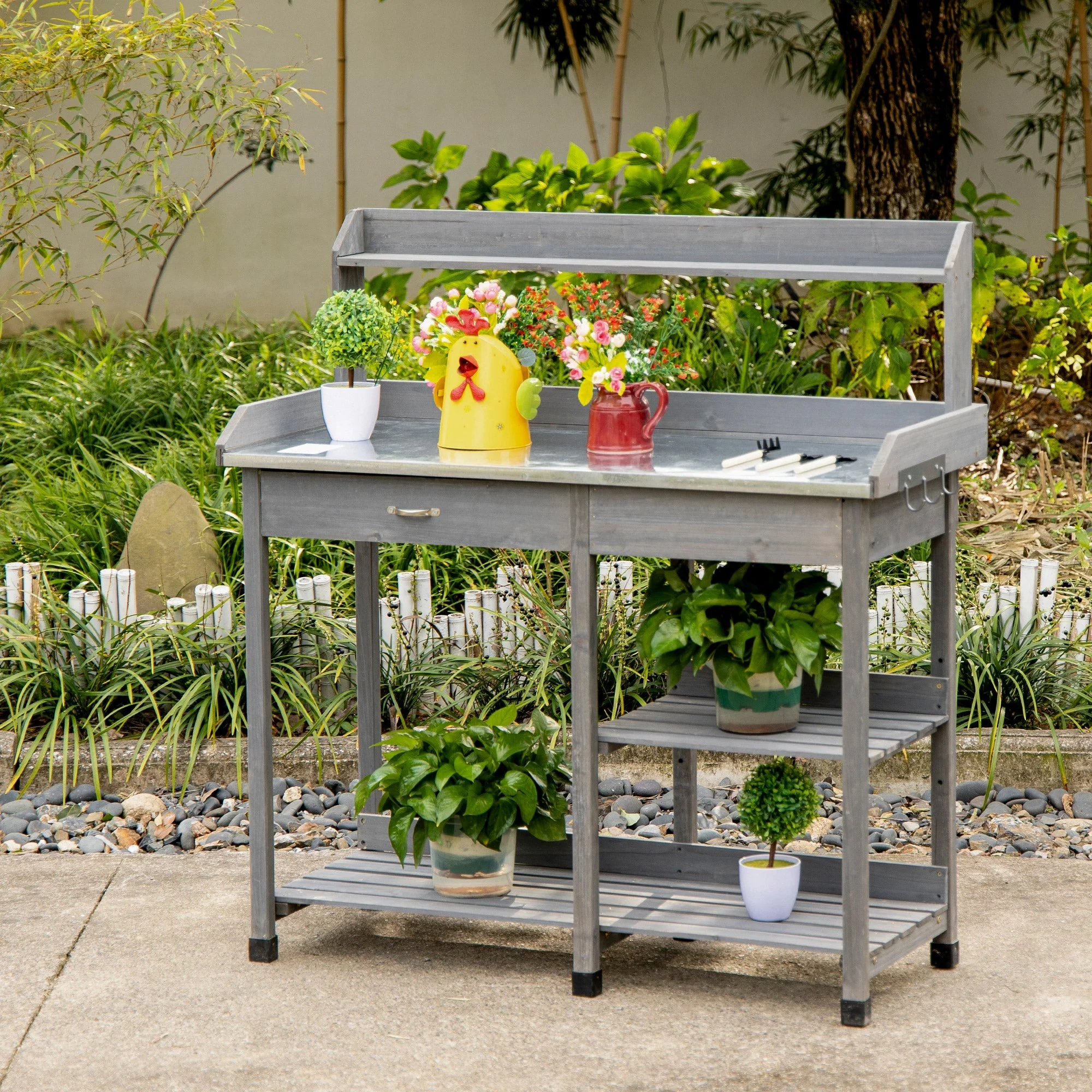 Garden Potting Table Wooden Workstation w/ Metal Tabletop - Image 2
