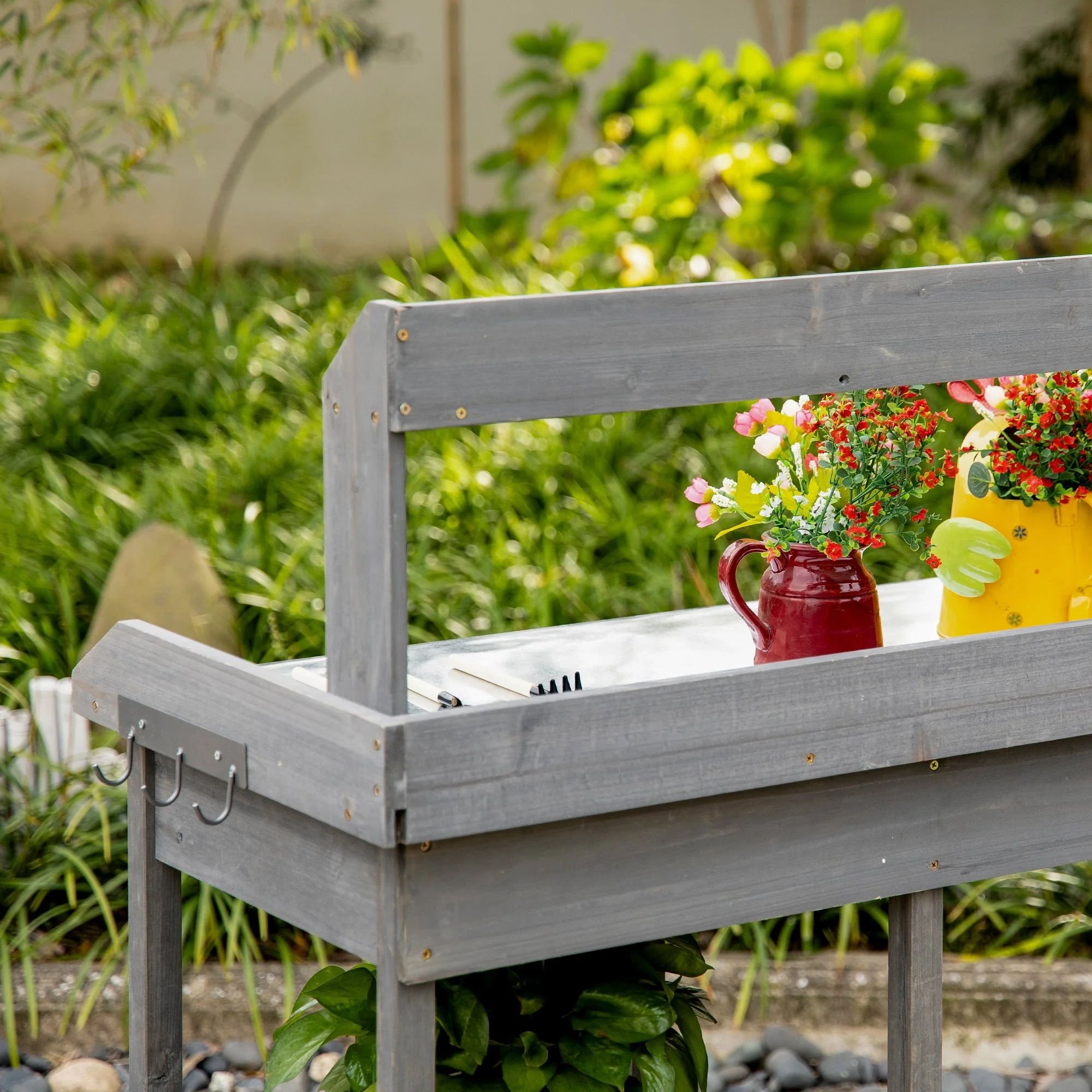 Garden Potting Table Wooden Workstation w/ Metal Tabletop - Image 9