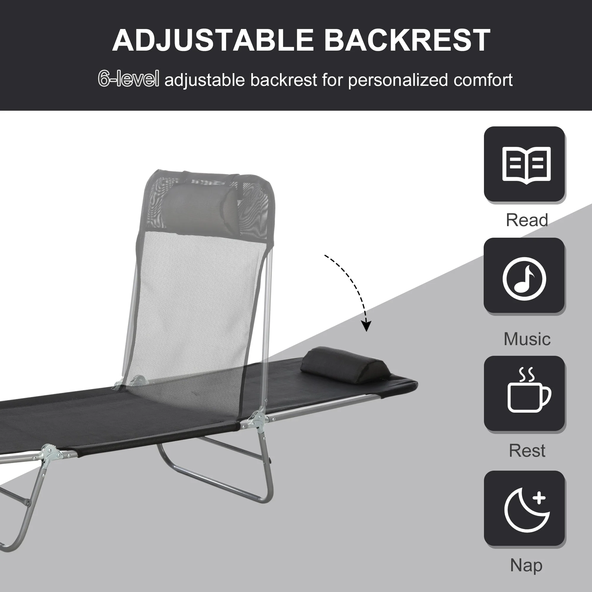 Garden Recliner Adjustable Sun Lounger-Black - Image 3