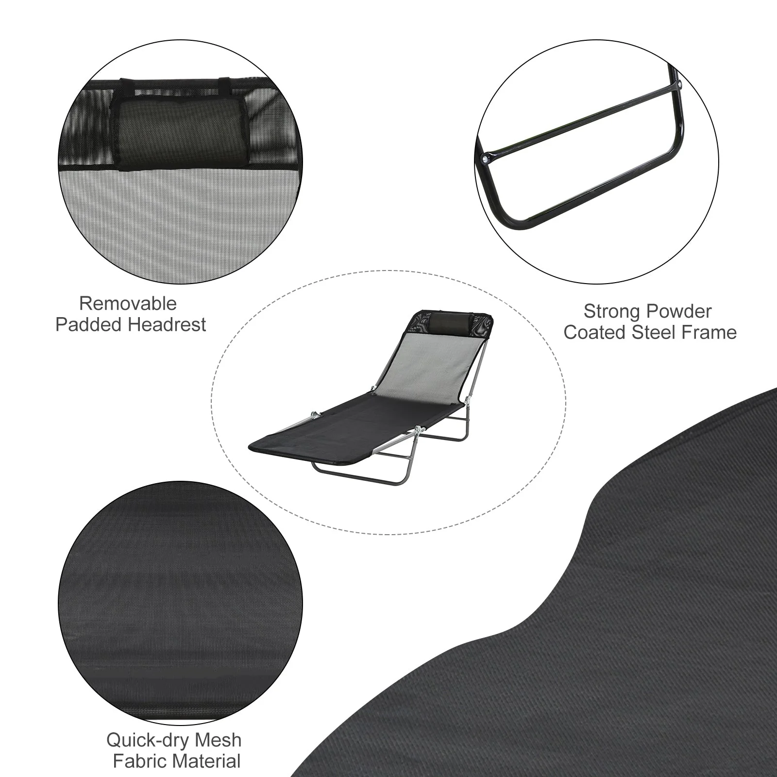 Garden Recliner Adjustable Sun Lounger-Black - Image 6