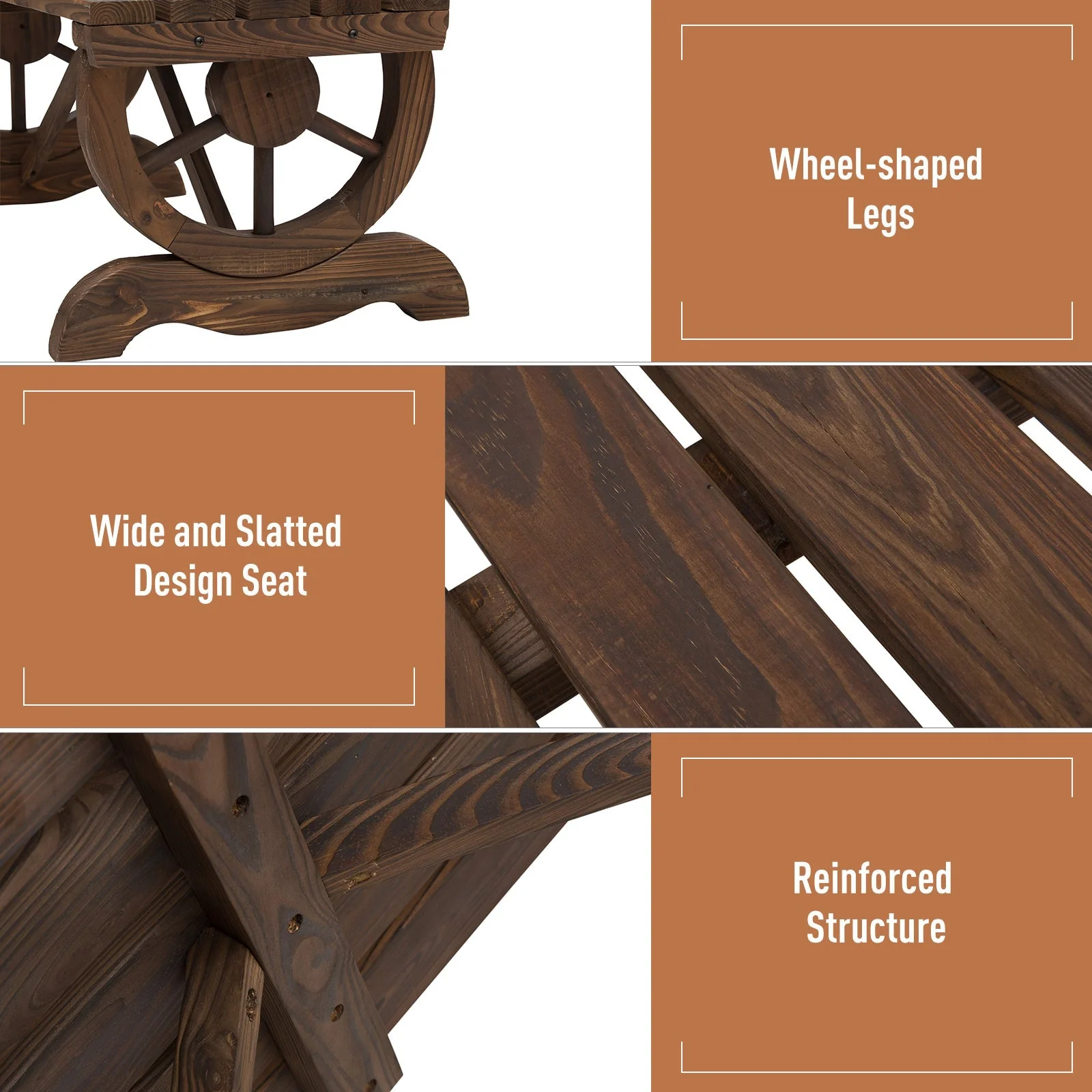 Garden Rustic Wooden Bench Wheel-Shaped Legs Slatted Seat Stable Reinforced Structure Outdoor Patio Garden 2-Person Bench Seat - Brown - Image 4