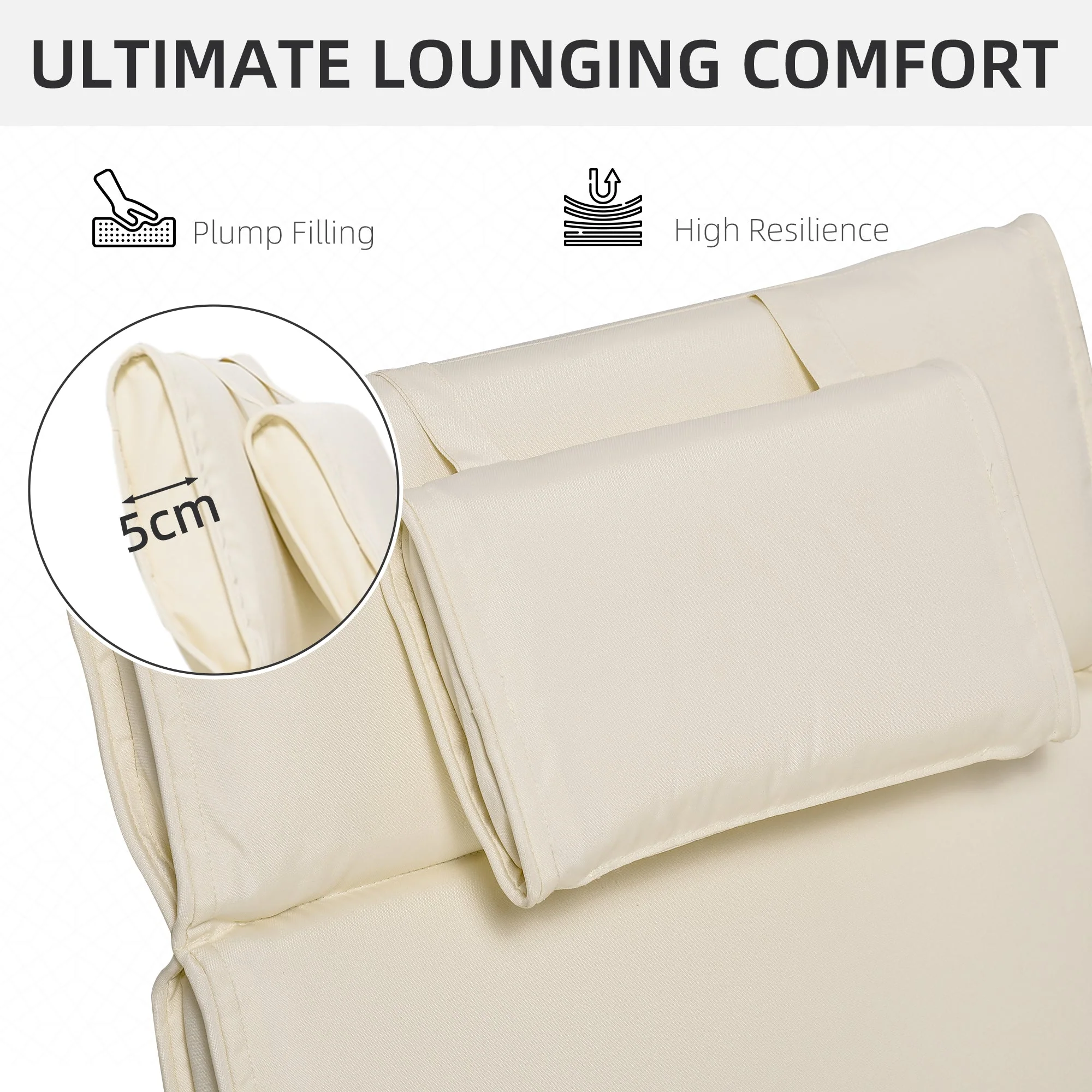 Garden Sun Lounger Cushion Replacement Thick Sunbed Reclining Chair Relaxer Pad with Pillow - Cream White - Image 3