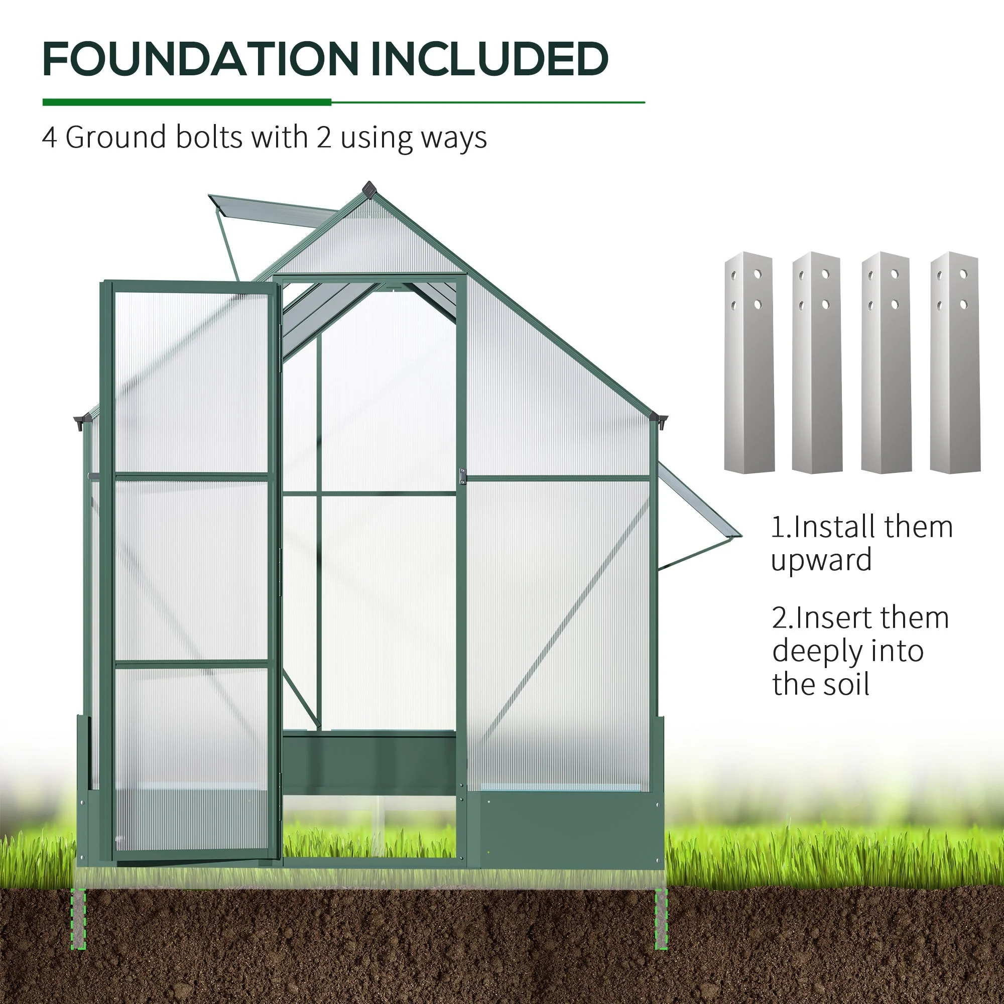 Garden Walk-in Aluminium Greenhouse Polycarbonate with Plant Bed - Image 7