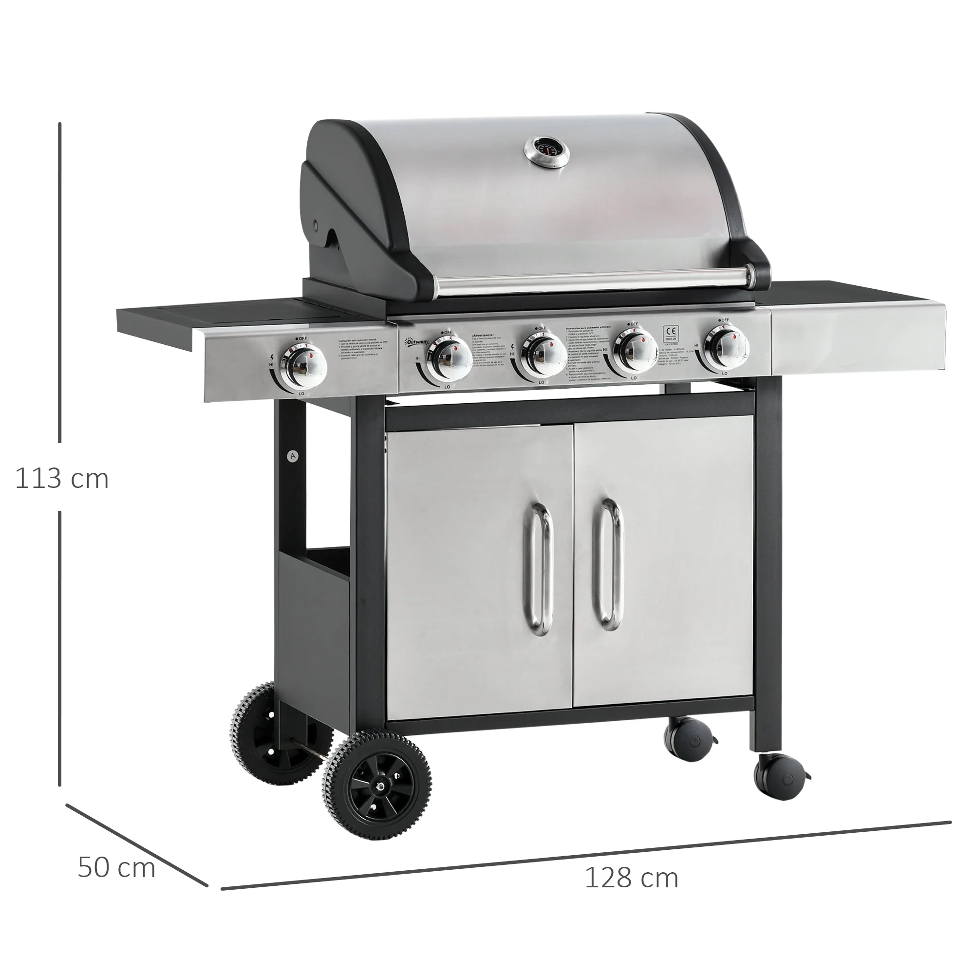 Gas Barbecue Grill 4+1 Burner Garden Smoker BBQ Trolley w/ Side Burner Warming Rack Side Shelves Storage Cabinet Piezo Ignition Thermometer Stainless Steel + Metal - Image 3