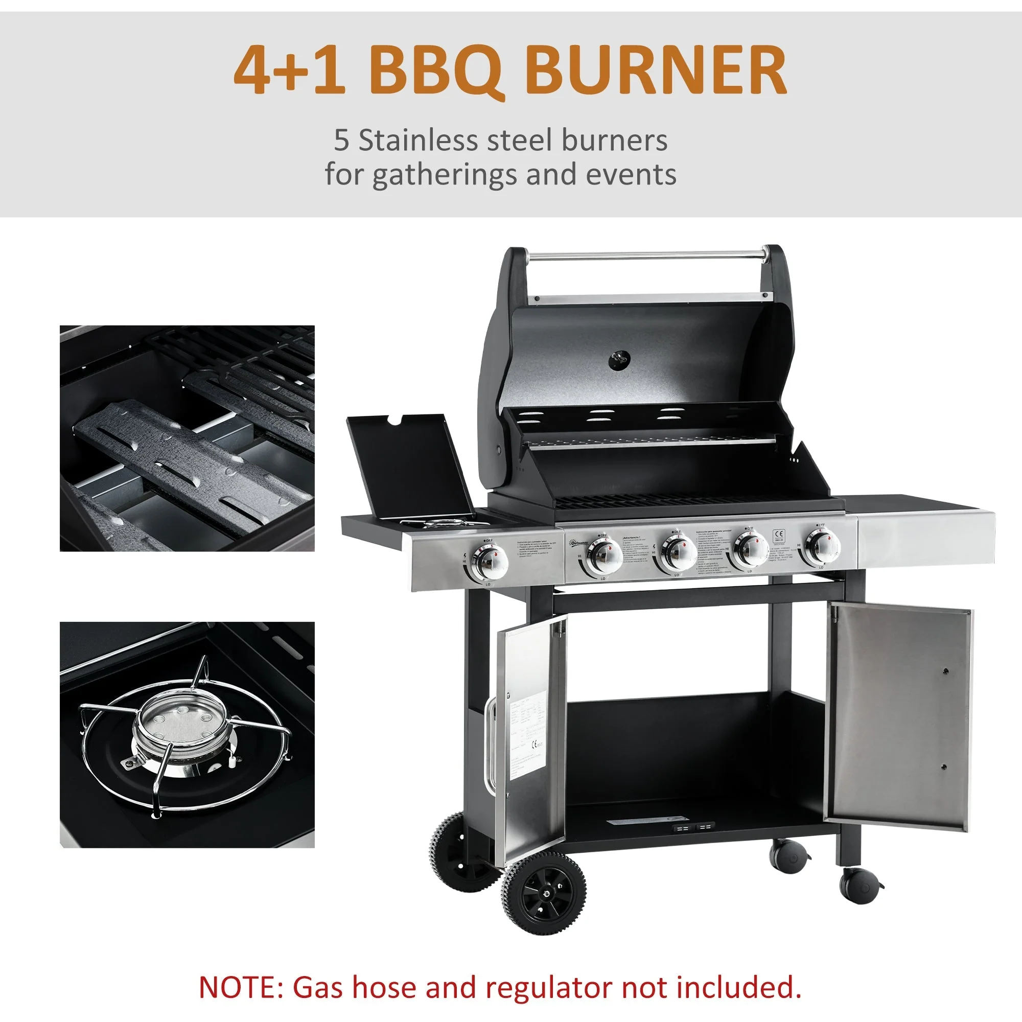 Gas Barbecue Grill 4+1 Burner Garden Smoker BBQ Trolley w/ Side Burner Warming Rack Side Shelves Storage Cabinet Piezo Ignition Thermometer Stainless Steel + Metal - Image 5