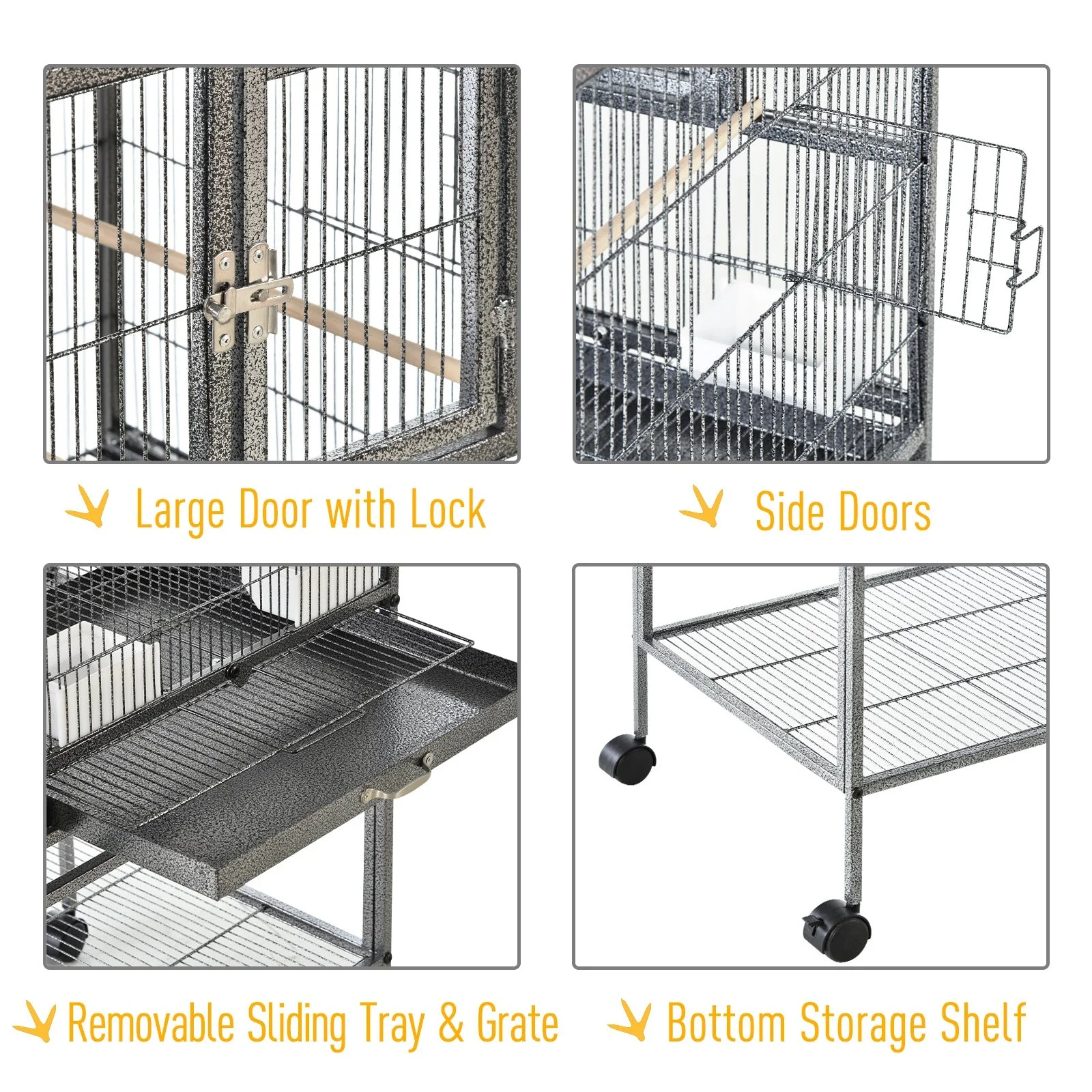Grille 102cm Parrot Cage Wheeled Grey & Black by Pawhut - Image 4