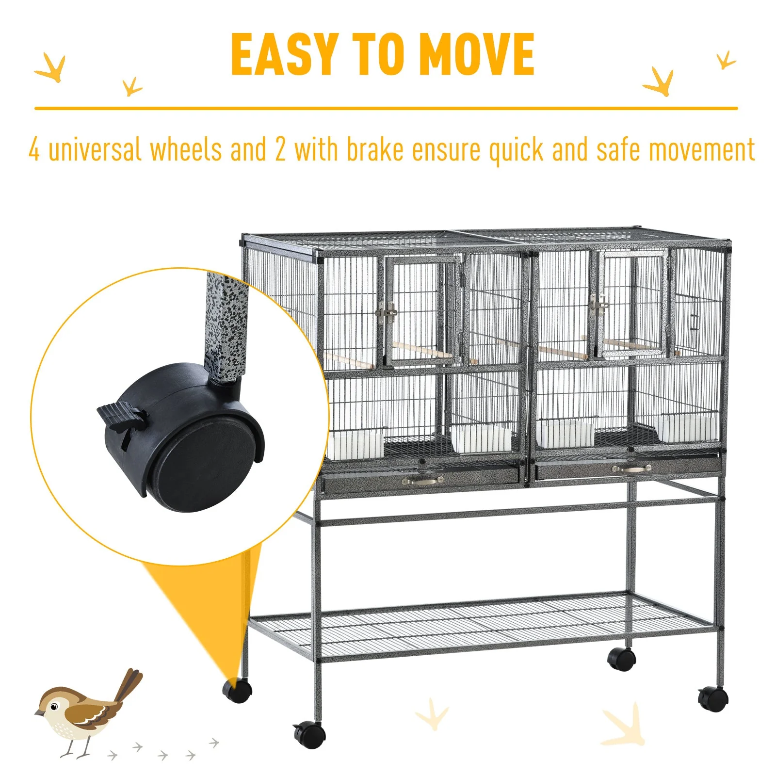 Grille 102cm Parrot Cage Wheeled Grey & Black by Pawhut - Image 5