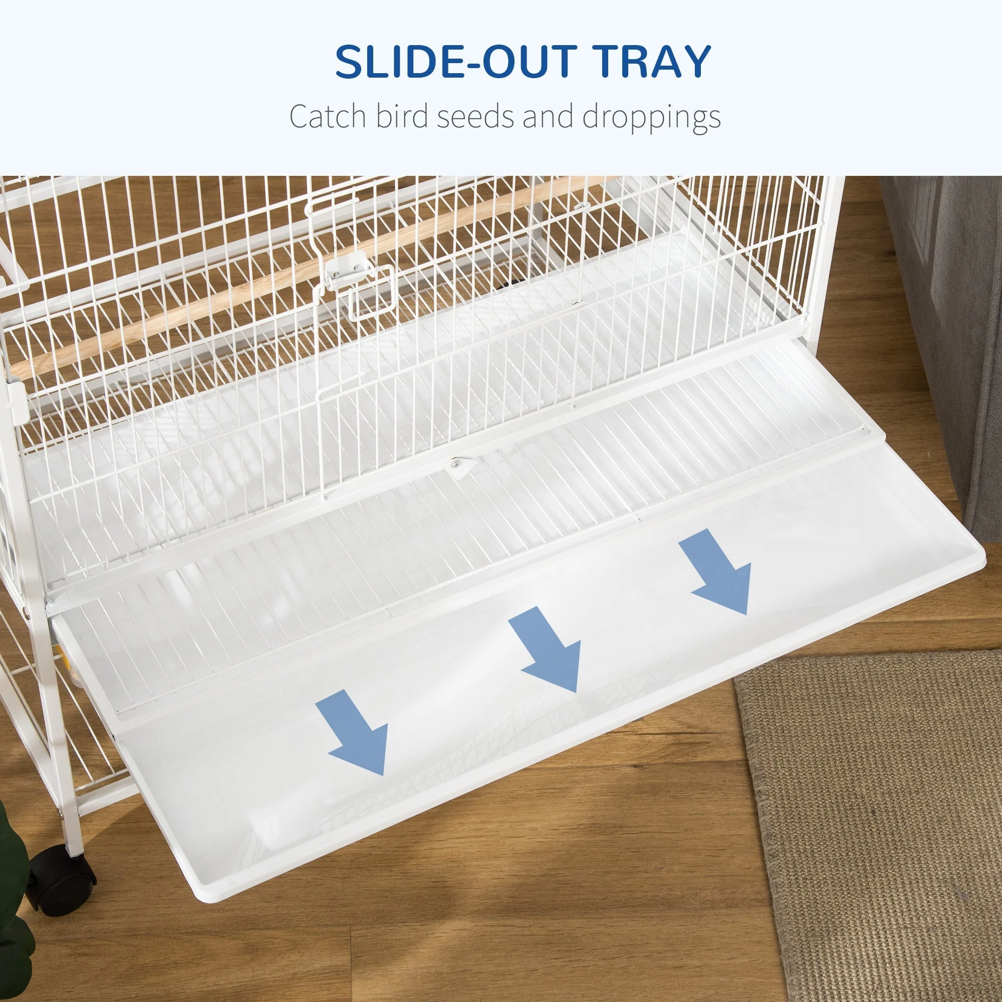 Grille 132cm Bird Cage Wheeled White by Pawhut - Image 3