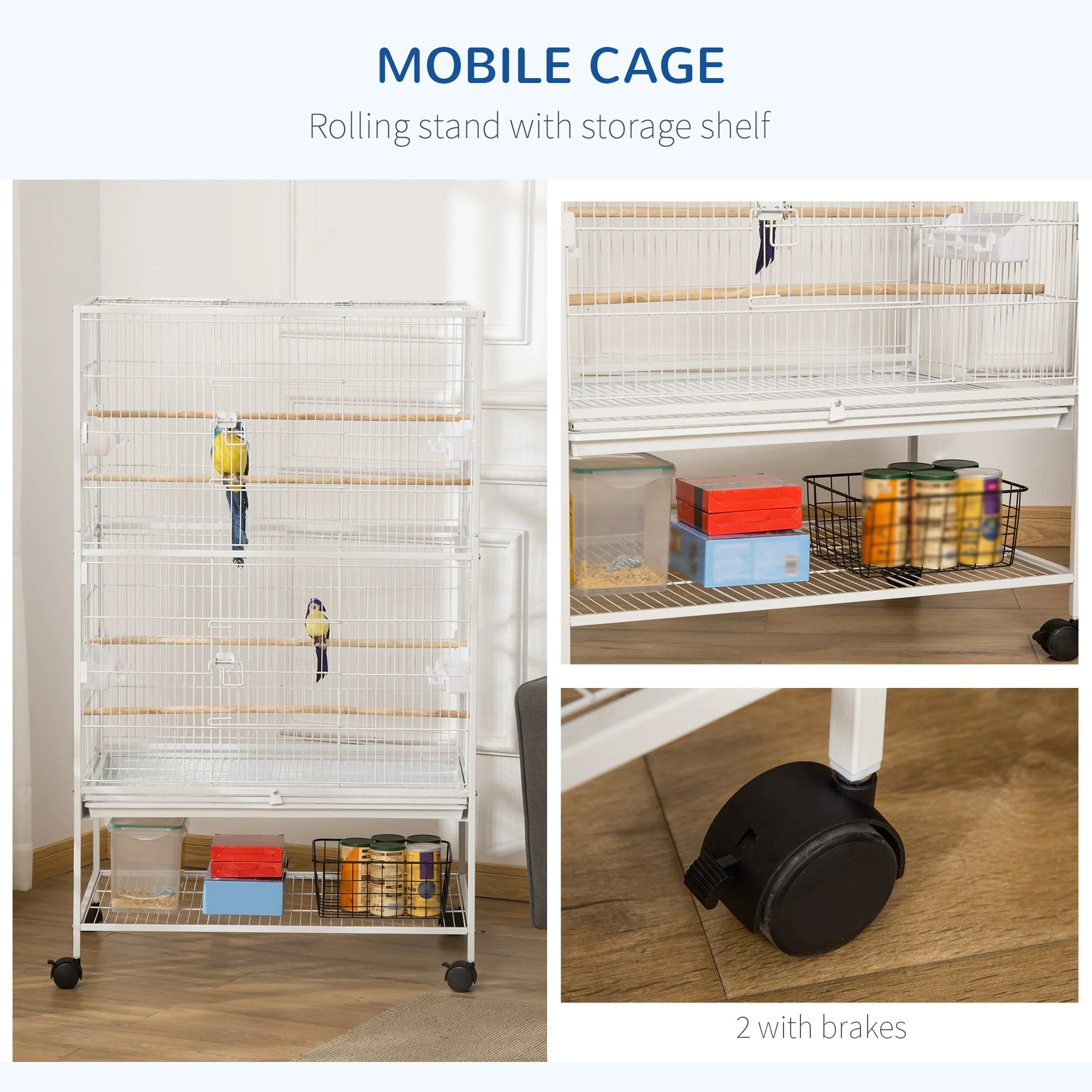 Grille 132cm Bird Cage Wheeled White by Pawhut - Image 6