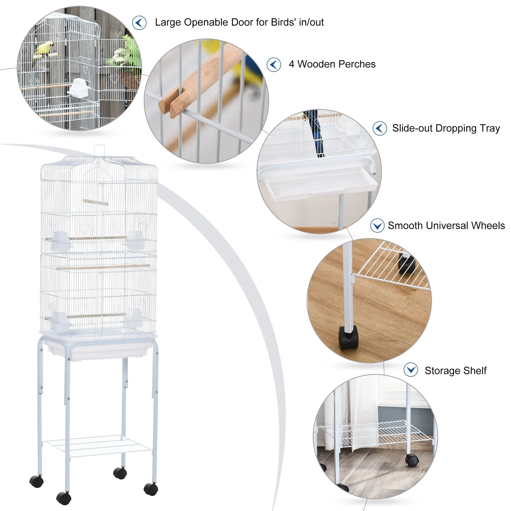 Grille 153cm Bird Cage Wheeled White by Pawhut - Image 6