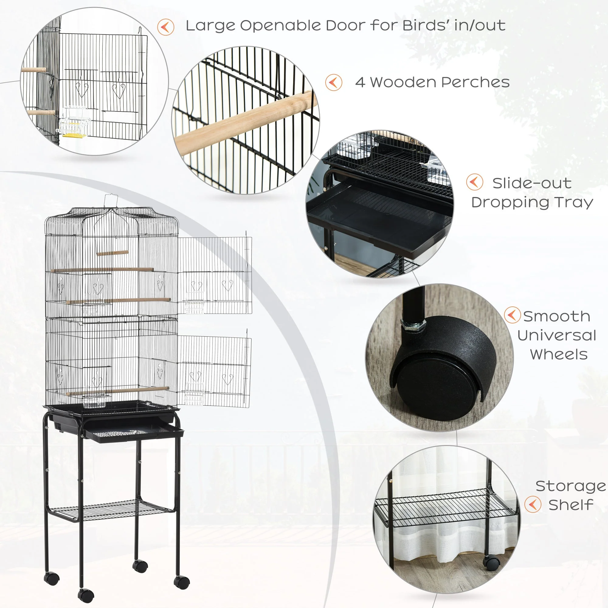 Grille 157cm Bird Cage Wheeled Black by Pawhut - Image 4