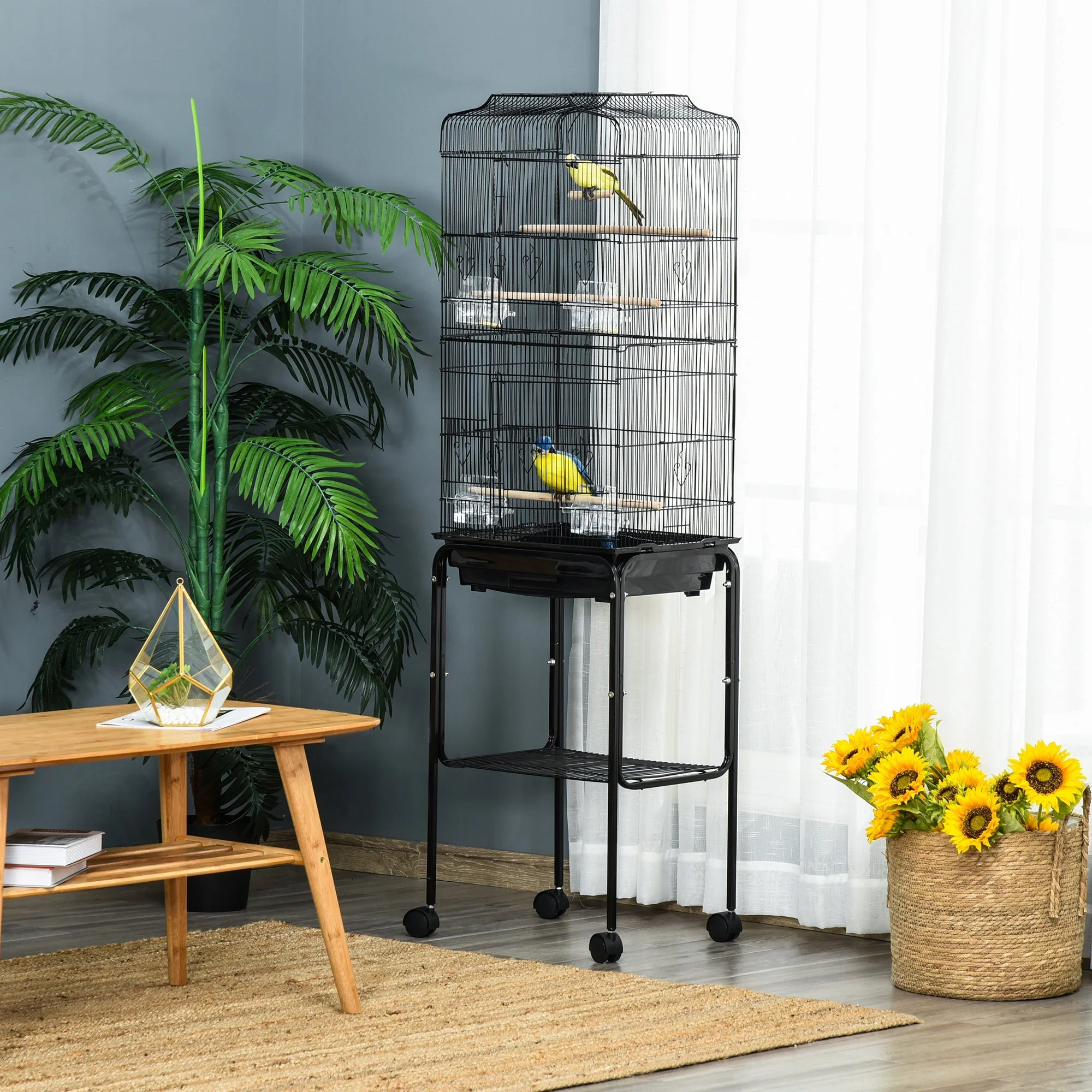 Grille 157cm Bird Cage Wheeled Black by Pawhut - Image 6