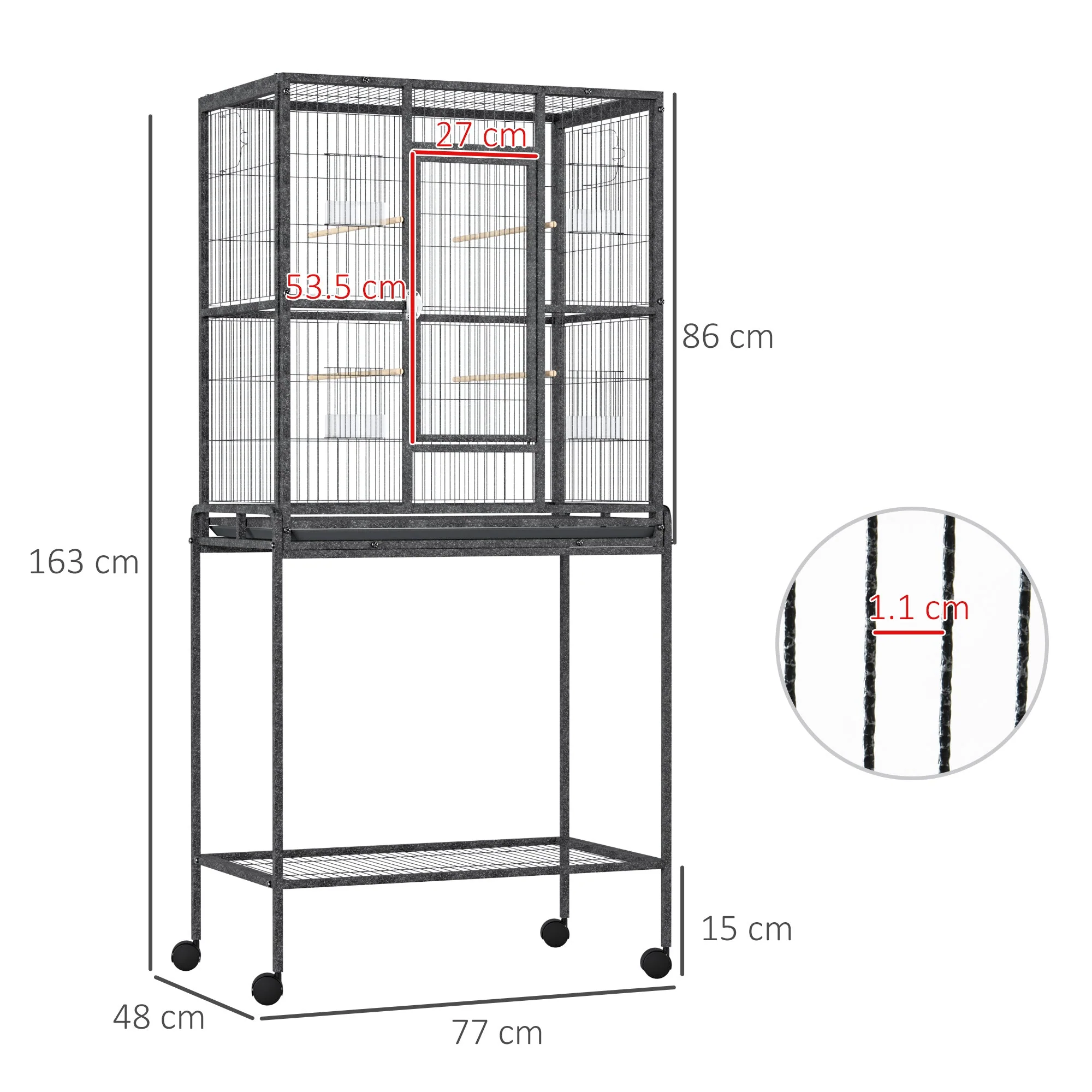 Grille 162cm Bird Cage Wheeled Grey & Black by Pawhut - Image 3